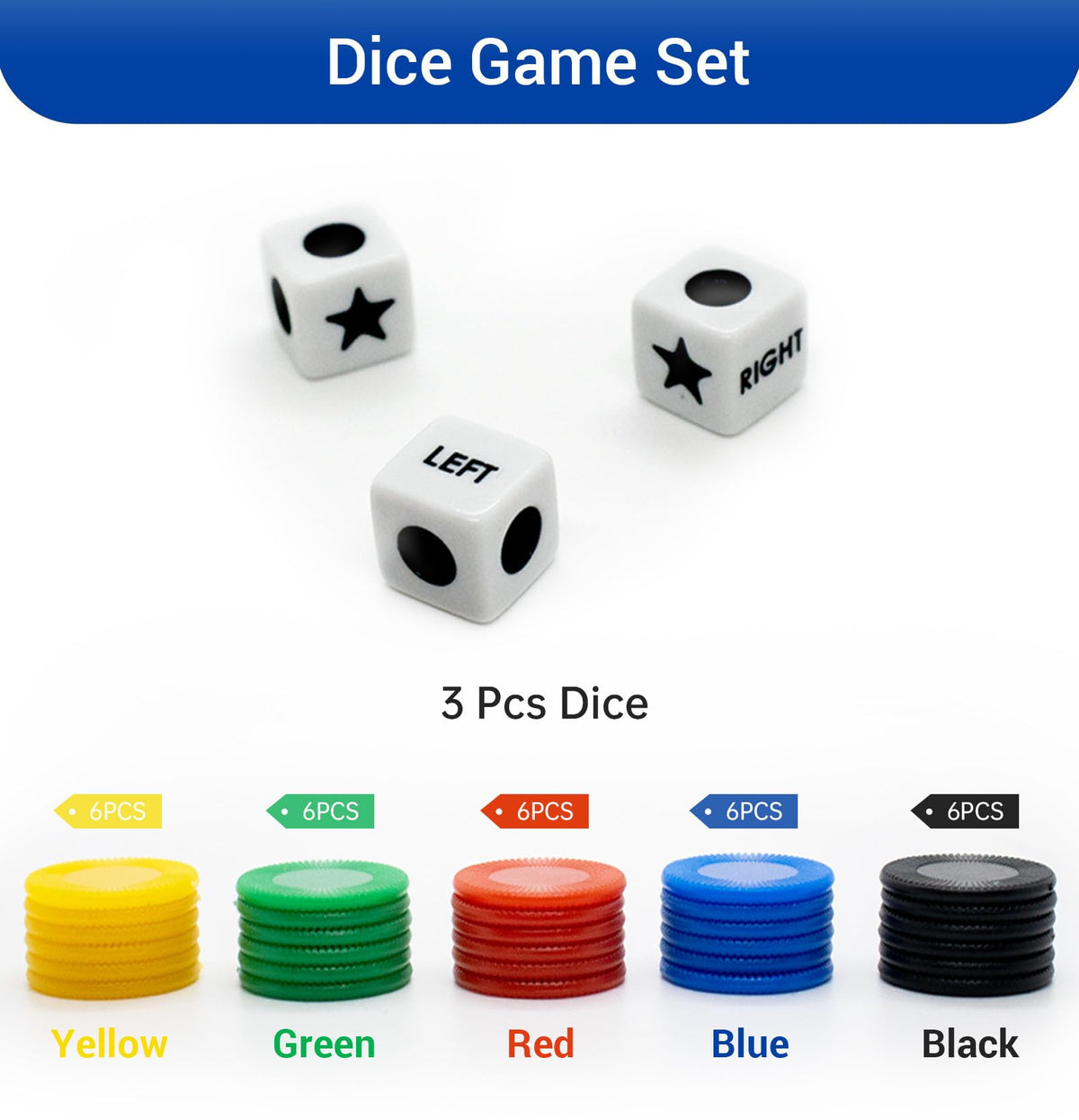 Buffsiss Left Right Center Dice Game Set — Portable 3-Tube Storage for Family & Travel