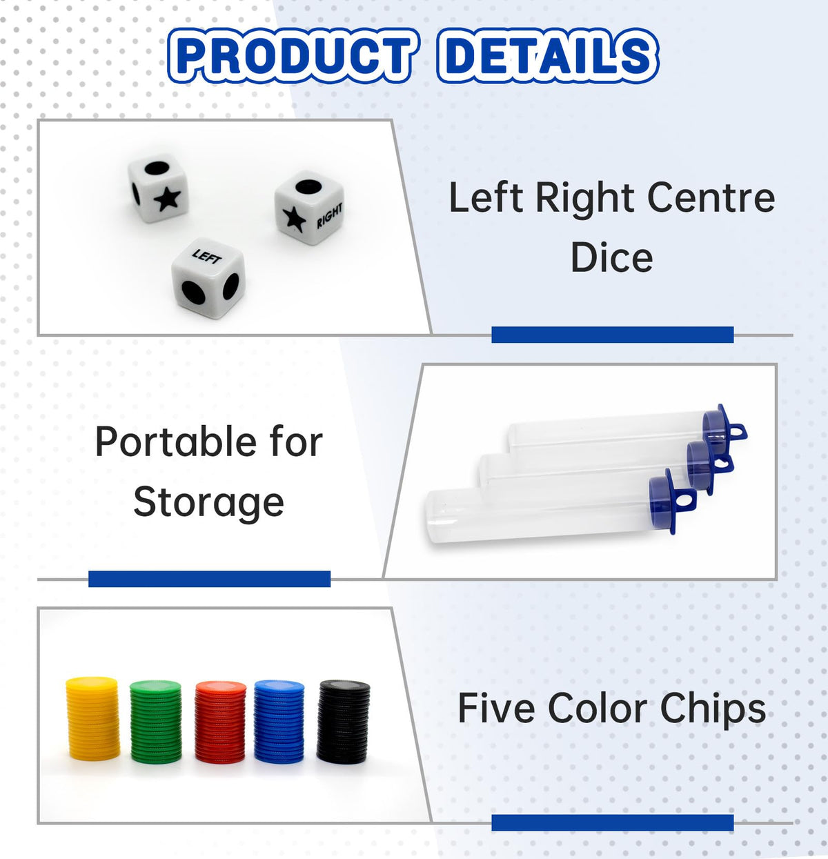 Buffsiss Left Right Center Dice Game Set — Portable 3-Tube Storage for Family & Travel