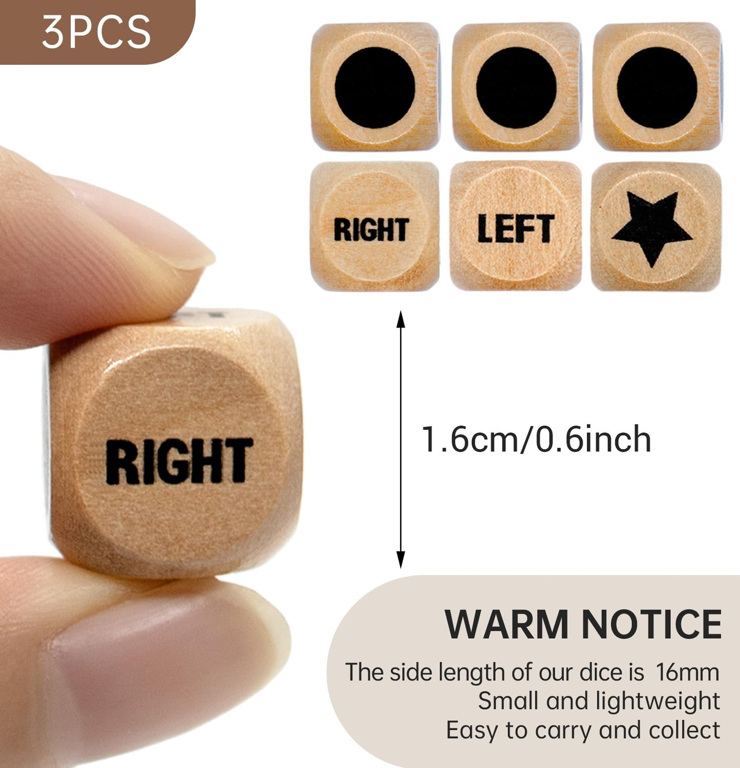 Buffsiss Left Right Center Dice – 16mm Wooden Dice with Drawstring Bag (3-Pack)