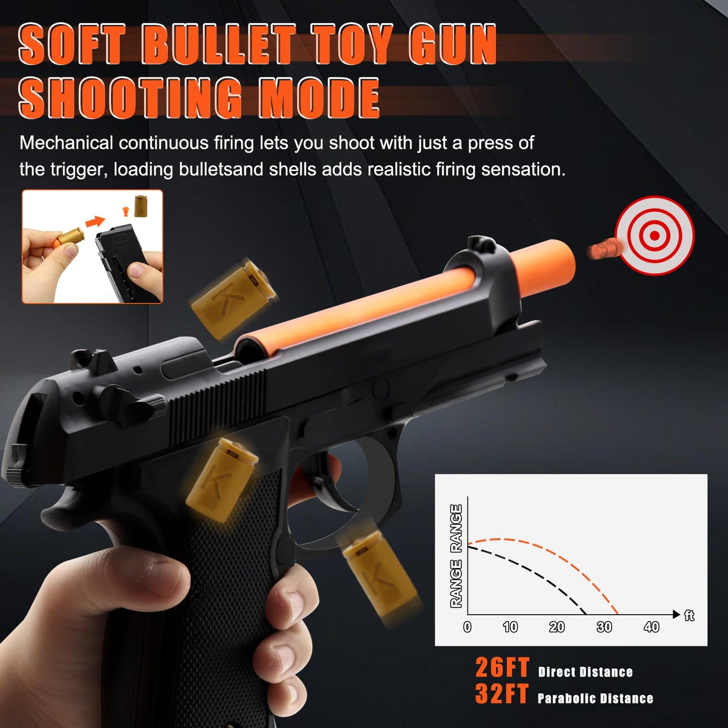 Bugrtey Automatic Shell Ejecting Toy Gun — 26-32FT Range, 2 Modes