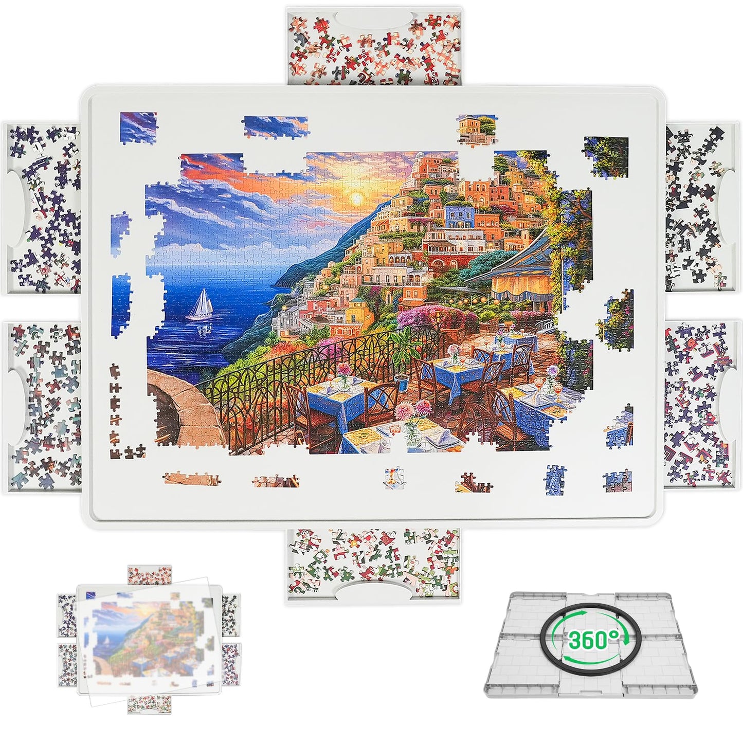 BuilderButler Lightweight 1500-Piece Puzzle Board — 360° Rotation, 6 Drawers, Portable 34.25x26.38
