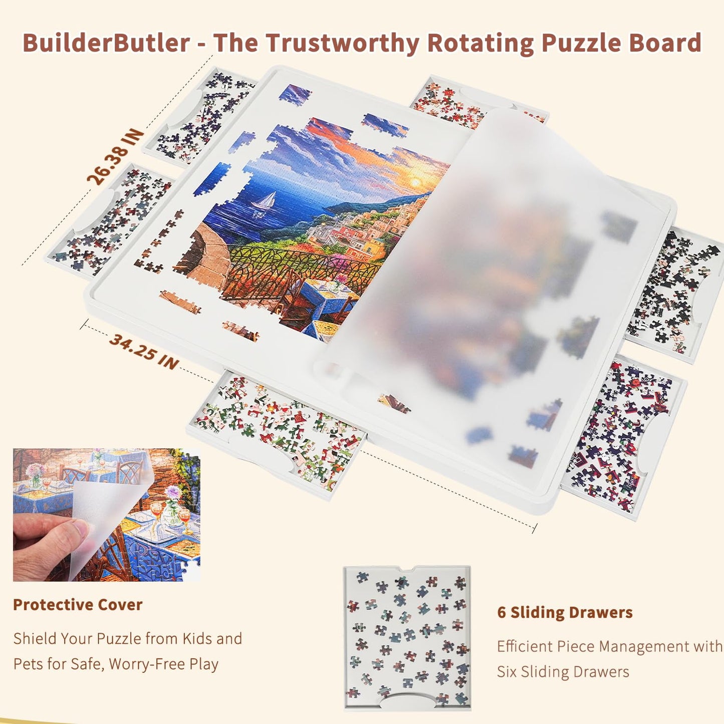 BuilderButler Lightweight 1500-Piece Puzzle Board — 360° Rotation, 6 Drawers, Portable 34.25x26.38