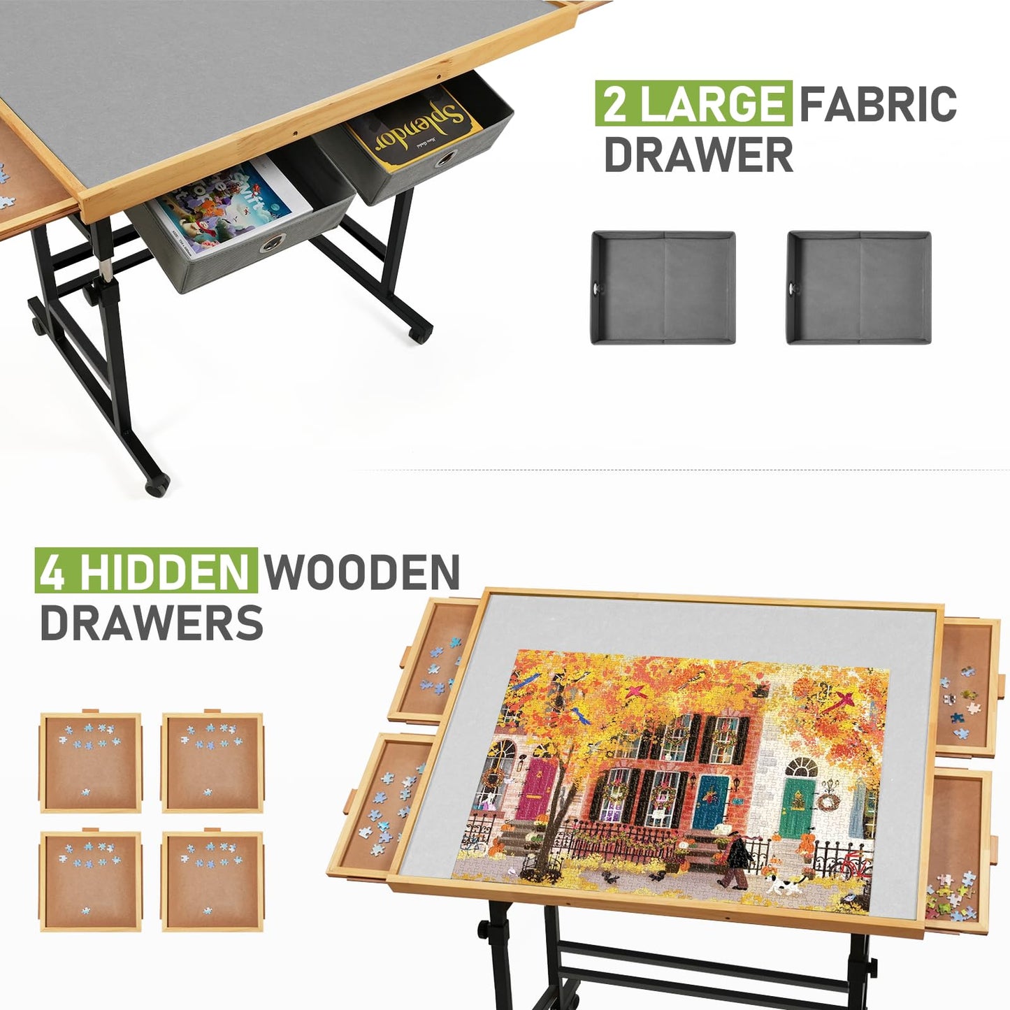 BuilderButler 2000-Piece Puzzle Table with Wheels, Drawers & Cover — Adjustable Height, 45° Tilt, 40.16 x 28.5 in