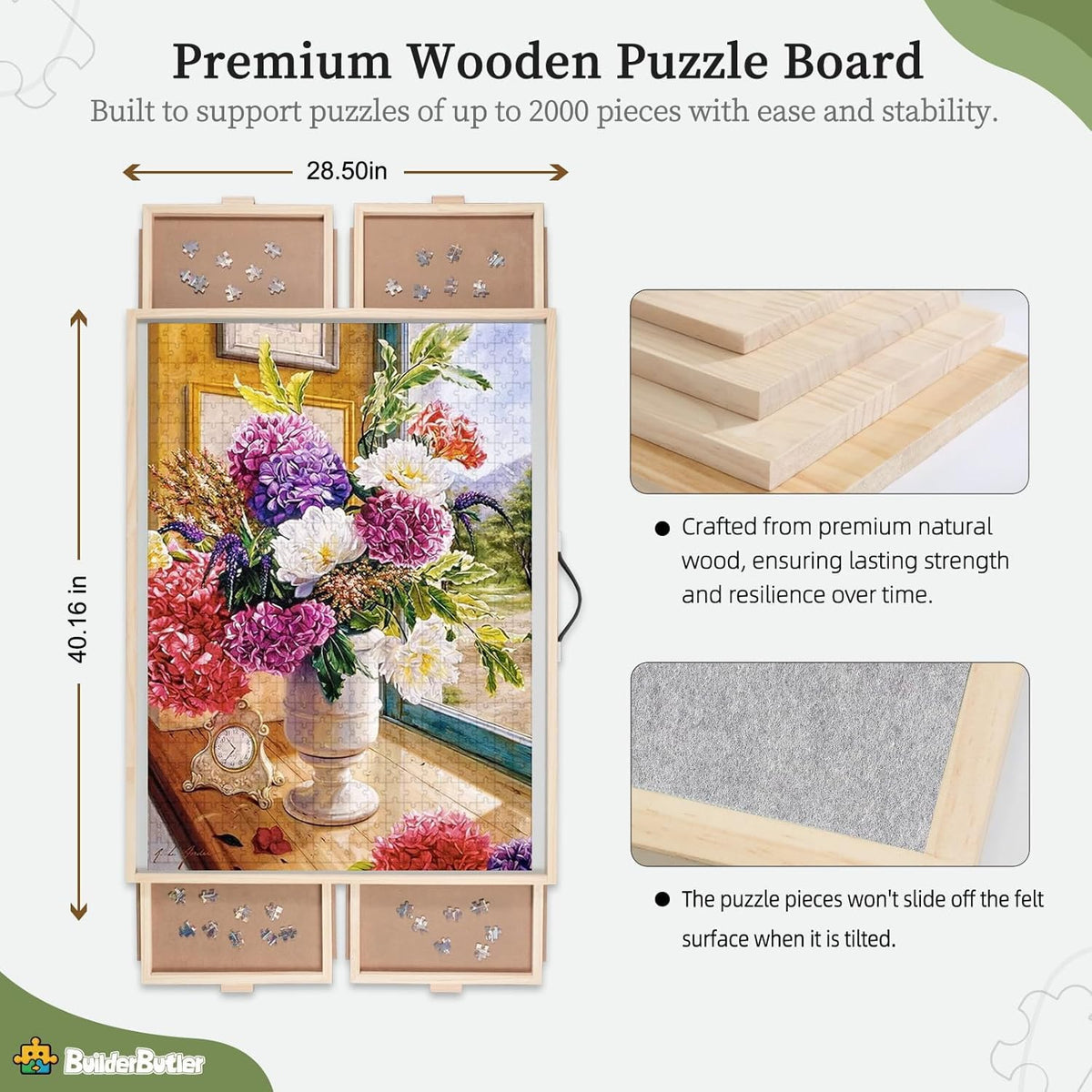 BuilderButler 2000 Pieces 2-in-1 Tilting & Rotating Puzzle Board - Portable Puzzle Table with Cover & 4 Drawers (40.16 x 28.5)