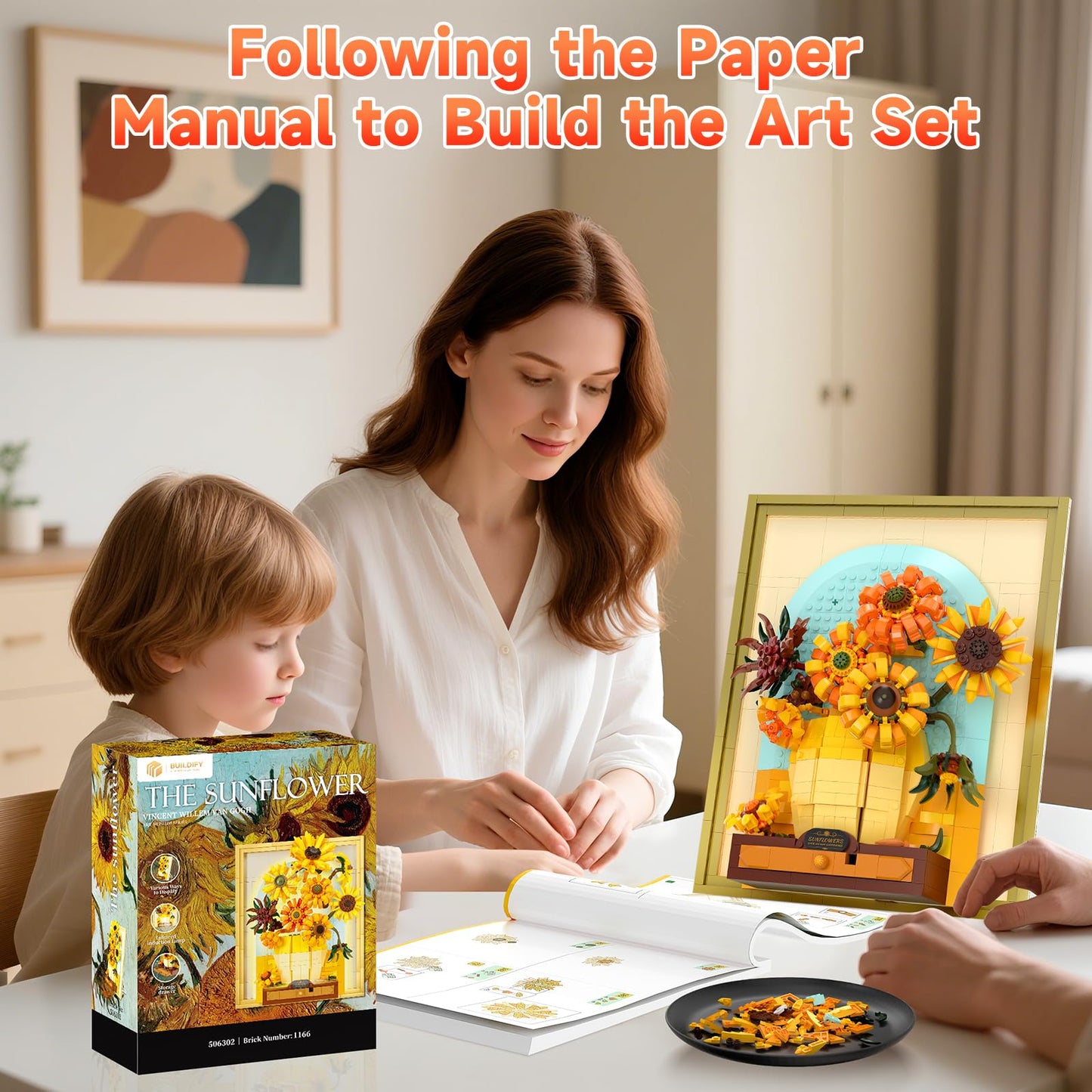 BUILDIFY Van Gogh Sunflowers Building Blocks Set with Light – 1166 PCS, Wall Frame & Desktop Display