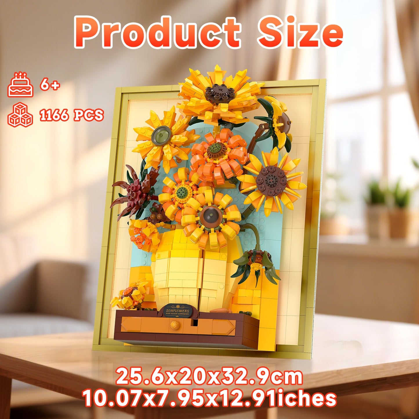BUILDIFY Van Gogh Sunflowers Building Blocks Set with Light – 1166 PCS, Wall Frame & Desktop Display