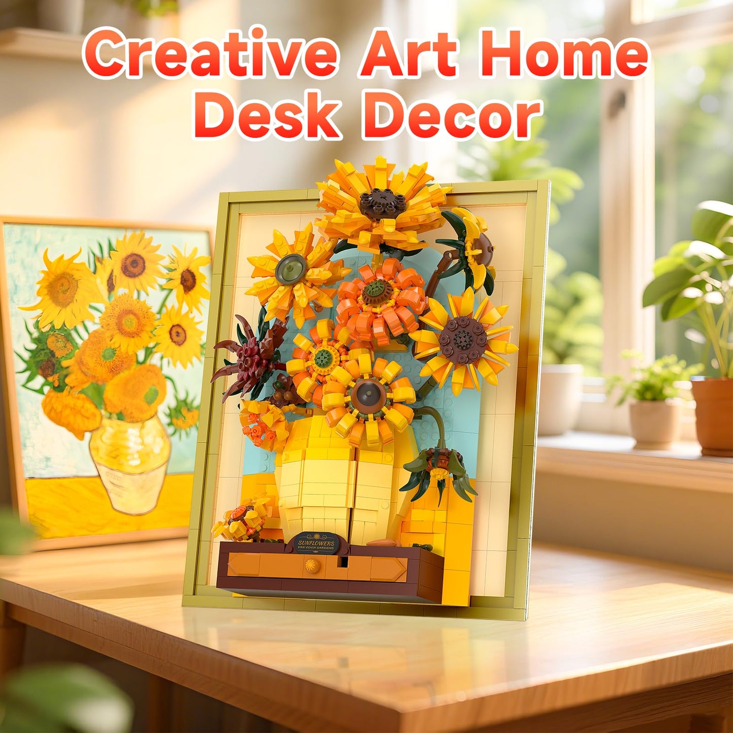 BUILDIFY Van Gogh Sunflowers Building Blocks Set with Light – 1166 PCS, Wall Frame & Desktop Display