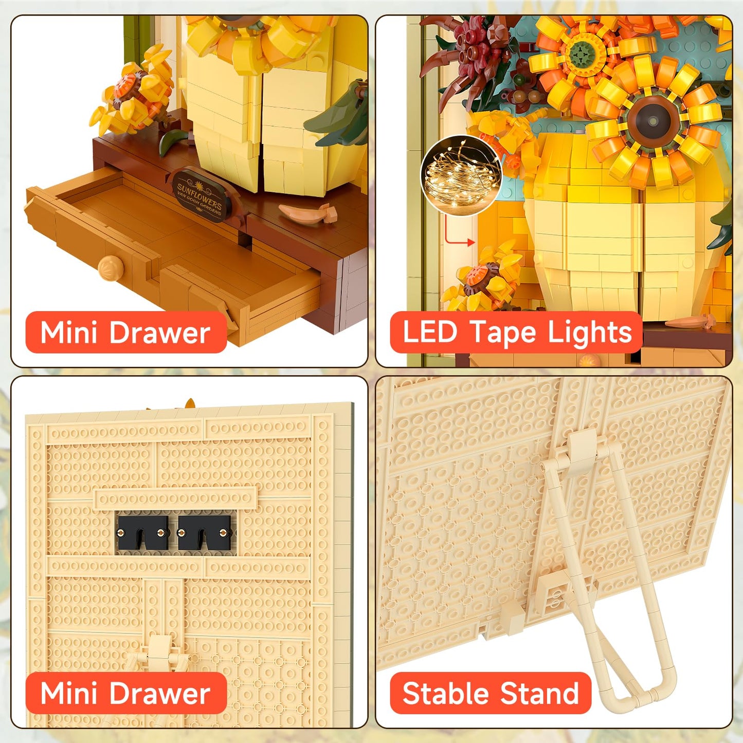 BUILDIFY Van Gogh Sunflowers Building Blocks Set with Light – 1166 PCS, Wall Frame & Desktop Display