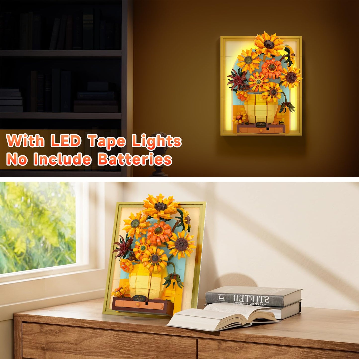 BUILDIFY Van Gogh Sunflowers Building Blocks Set with Light – 1166 PCS, Wall Frame & Desktop Display