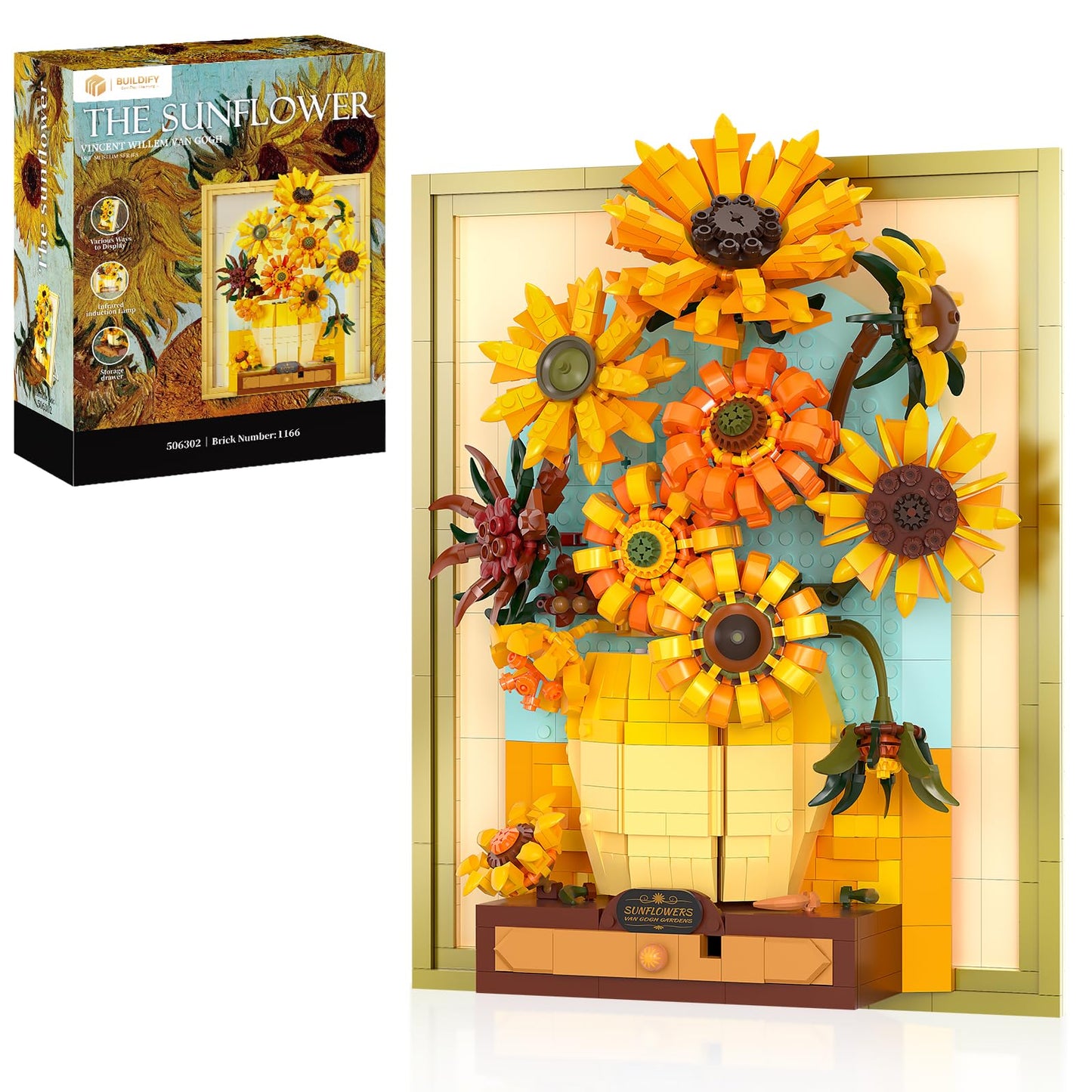 BUILDIFY Van Gogh Sunflowers Building Blocks Set with Light – 1166 PCS, Wall Frame & Desktop Display