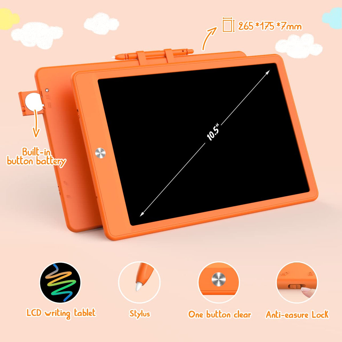 BUKEBU LCD Writing Tablet Doodle Board – 10.5-inch Colorful Drawing Pad for Kids Ages 3-8 (Orange)