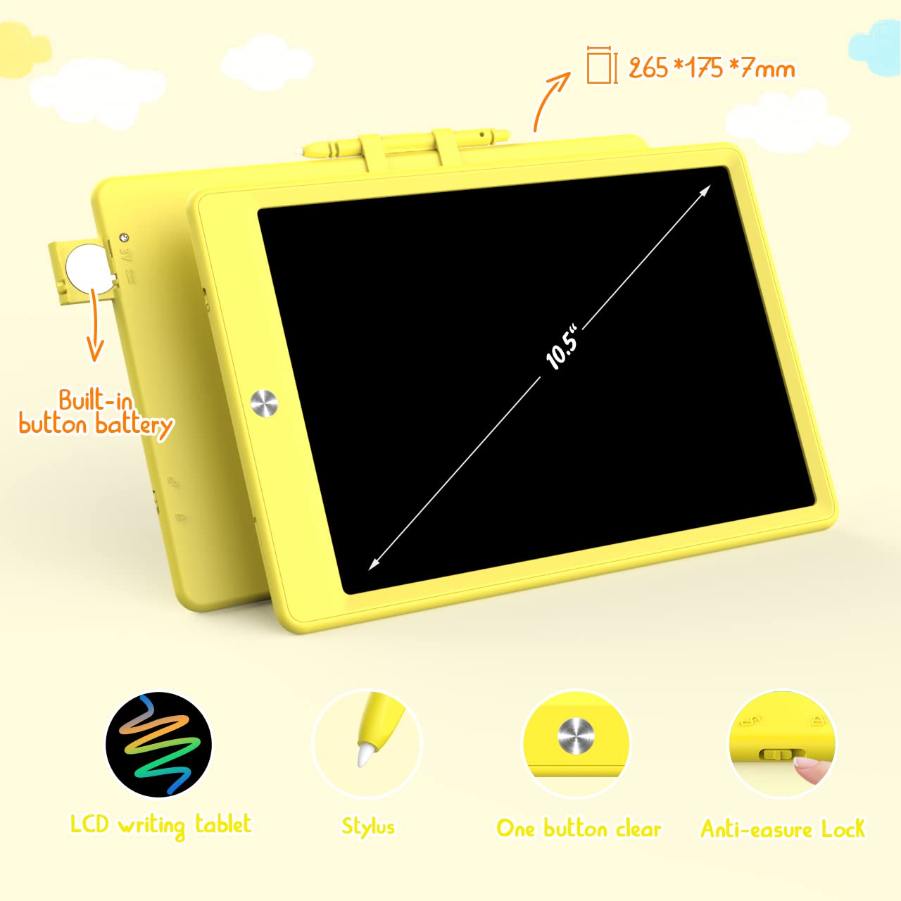 BUKEBU LCD Writing Tablet Doodle Board - 10.5 inch Colorful Drawing Pad for Kids, Portable Eye-Friendly Screen (Yellow)