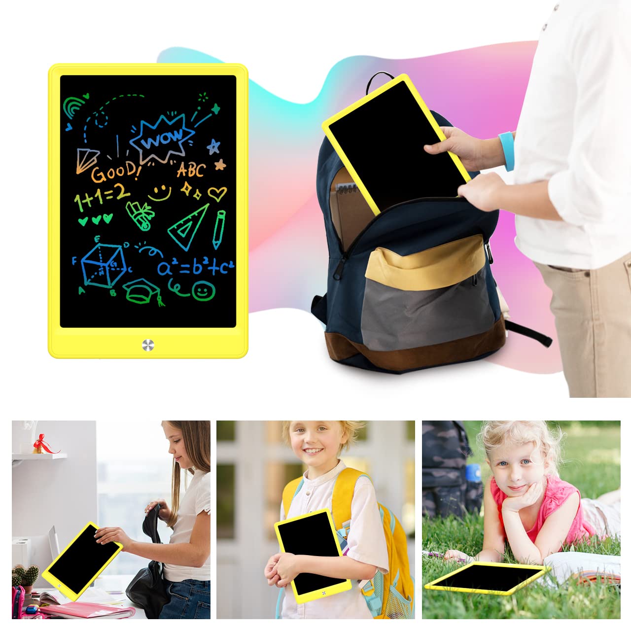 BUKEBU LCD Writing Tablet Doodle Board - 10.5 inch Colorful Drawing Pad for Kids, Portable Eye-Friendly Screen (Yellow)