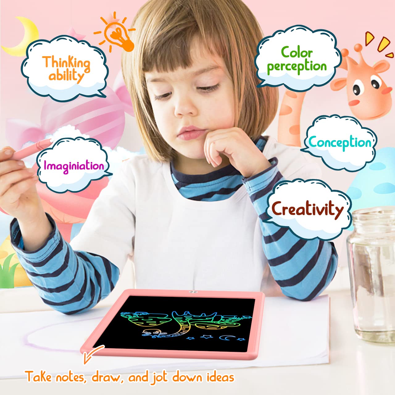 BUKEBU LCD Writing Tablet Doodle Board – 10.5-inch Colorful Drawing Pad for Kids (Ages 3-8), Pink