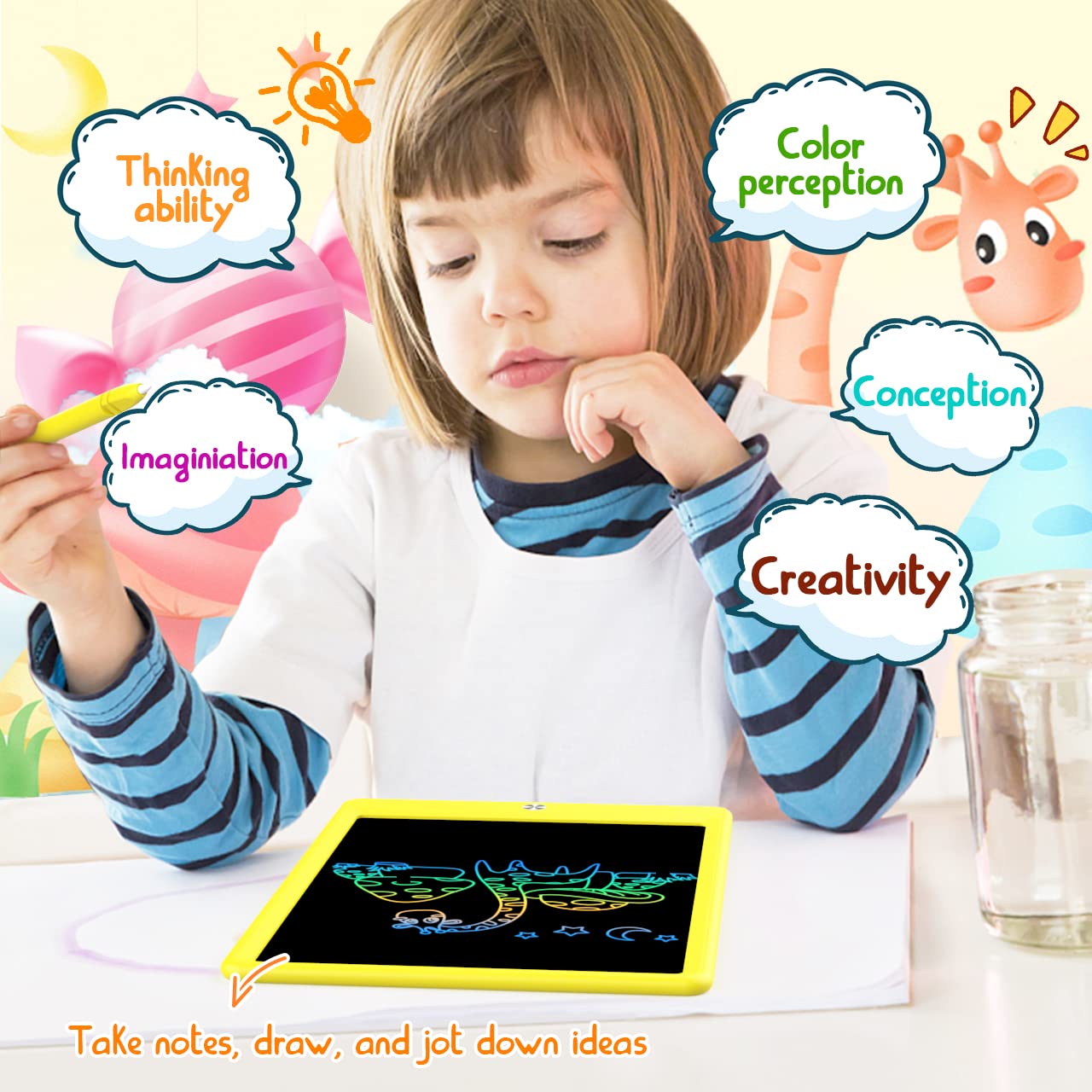 BUKEBU LCD Writing Tablet Doodle Board - 10.5 inch Colorful Drawing Pad for Kids, Portable Eye-Friendly Screen (Yellow)