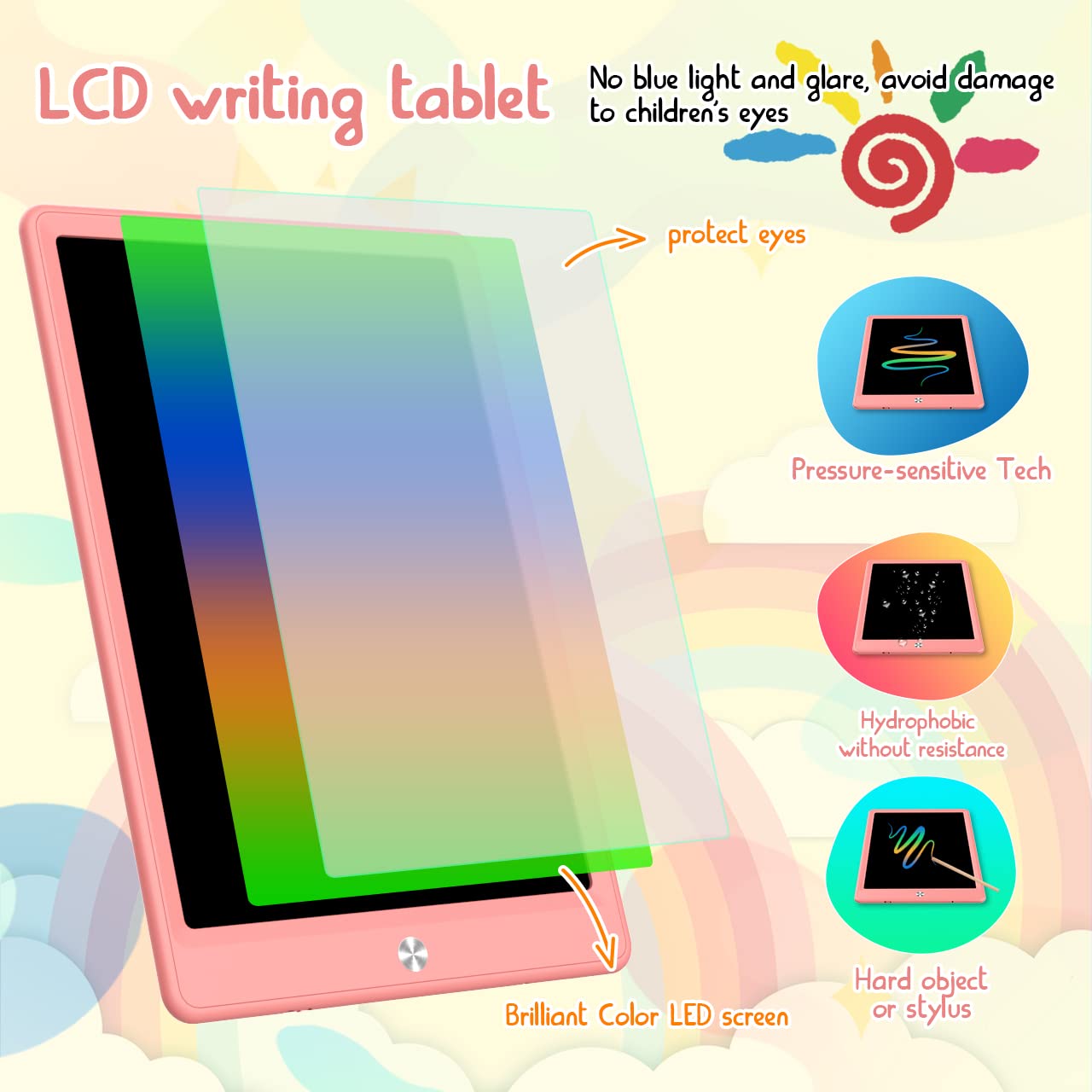 BUKEBU LCD Writing Tablet Doodle Board – 10.5-inch Colorful Drawing Pad for Kids (Ages 3-8), Pink