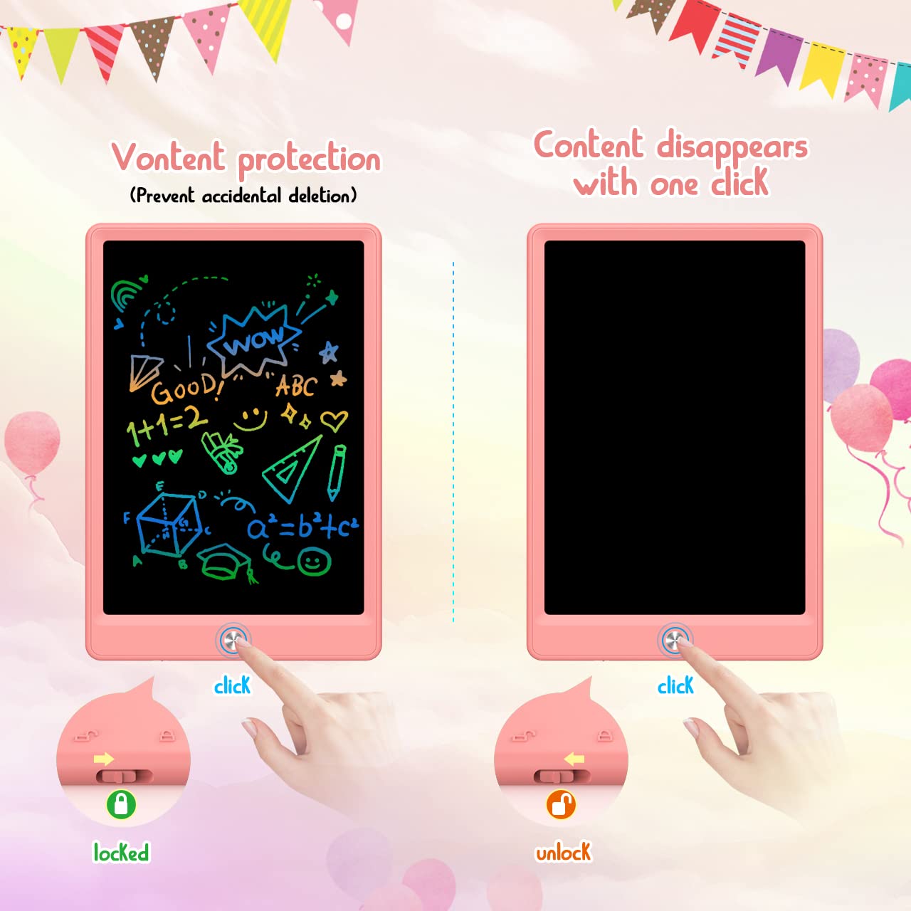 BUKEBU LCD Writing Tablet Doodle Board – 10.5-inch Colorful Drawing Pad for Kids (Ages 3-8), Pink