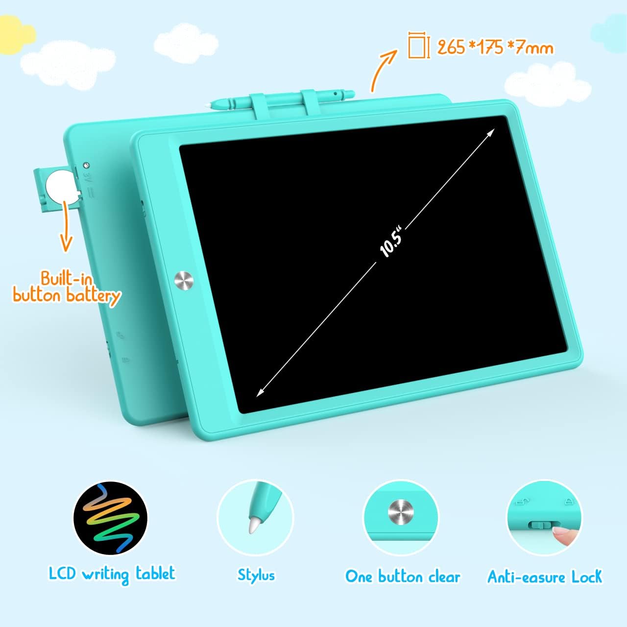 BUKEBU LCD Writing Tablet Doodle Board – 10.5-Inch Colorful Drawing Pad for Kids (Blue & Orange)