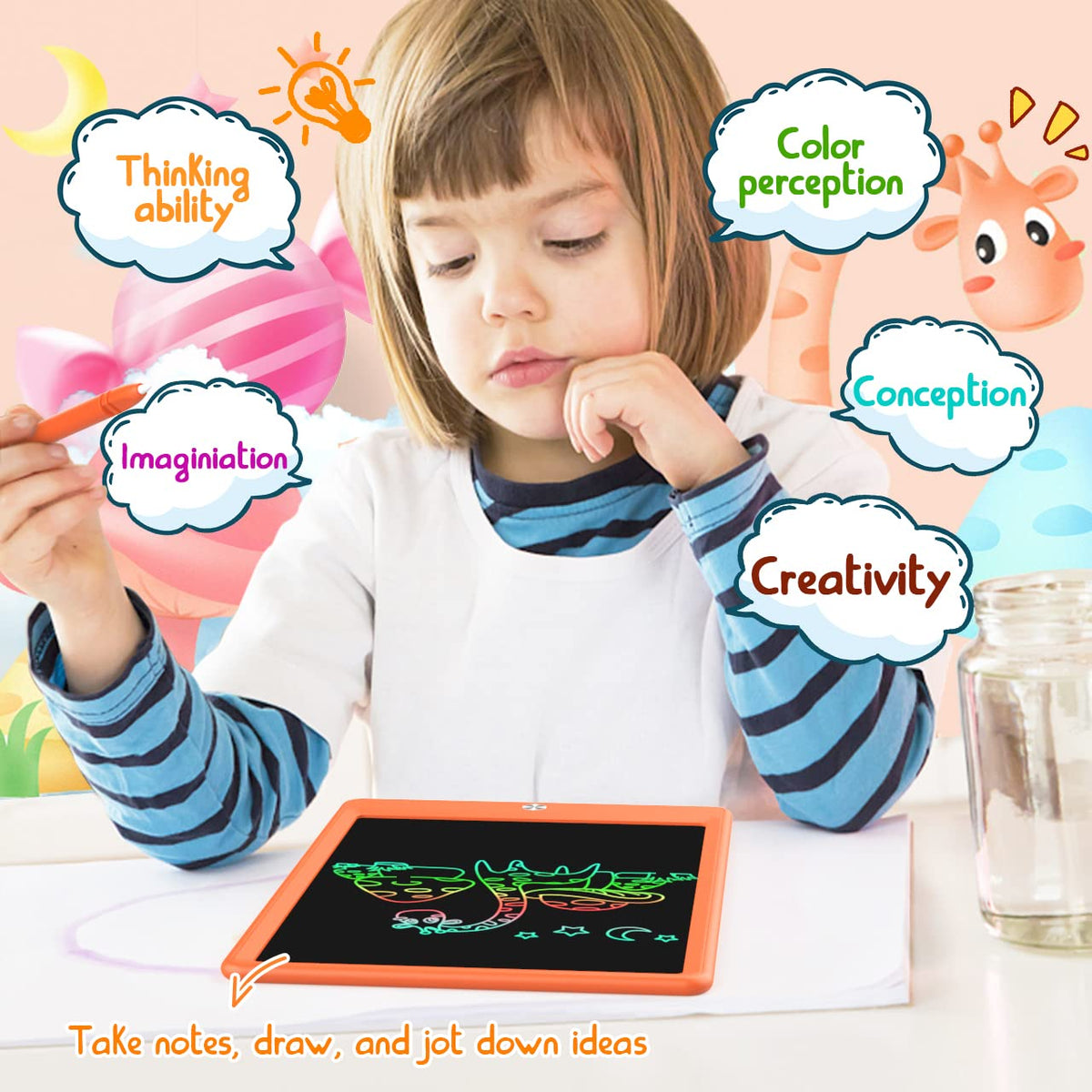 BUKEBU LCD Writing Tablet Doodle Board – 10.5-inch Colorful Drawing Pad for Kids Ages 3-8 (Orange)