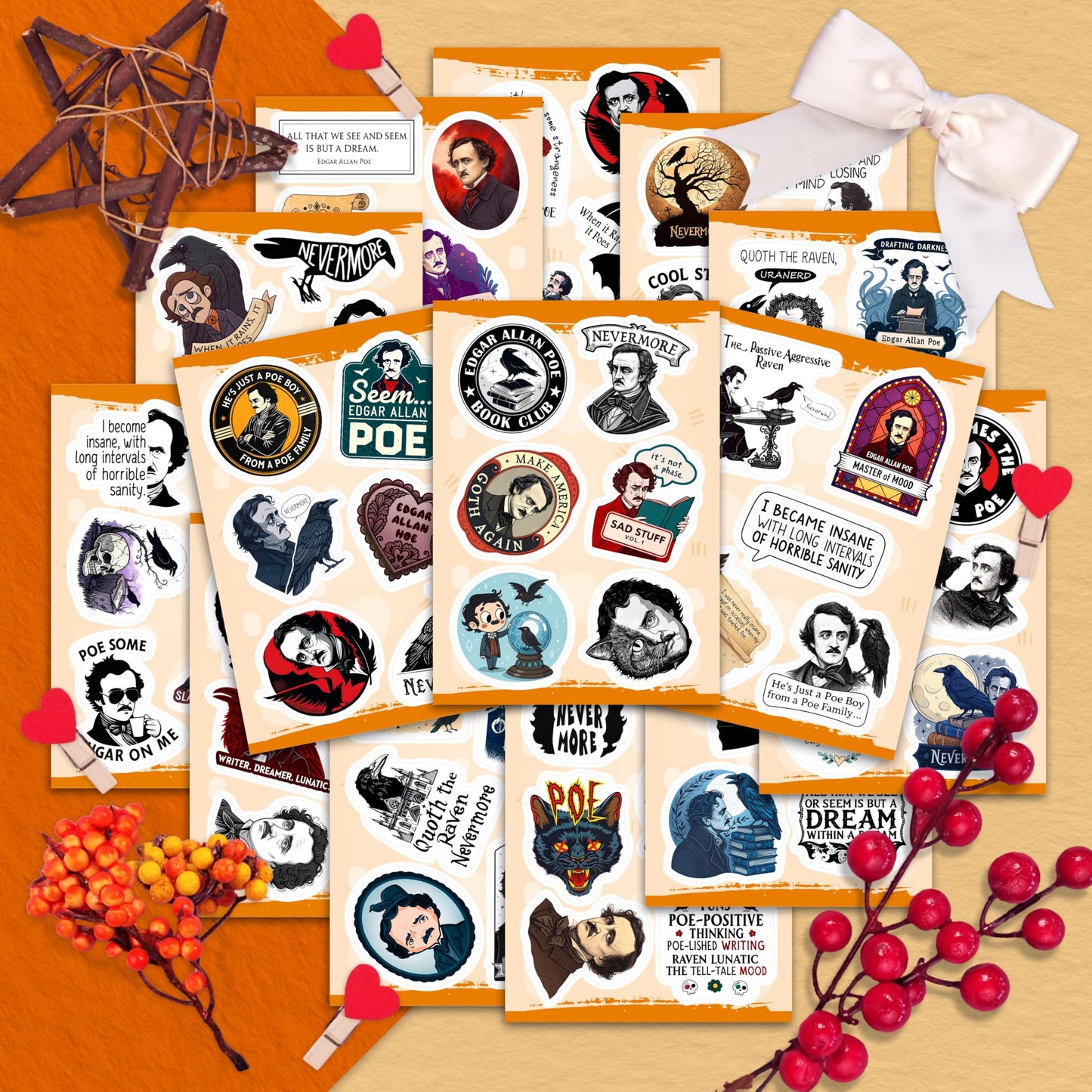 BulbaCraft 100Pcs Edgar Allan Poe Stickers for Water Bottle & Laptop