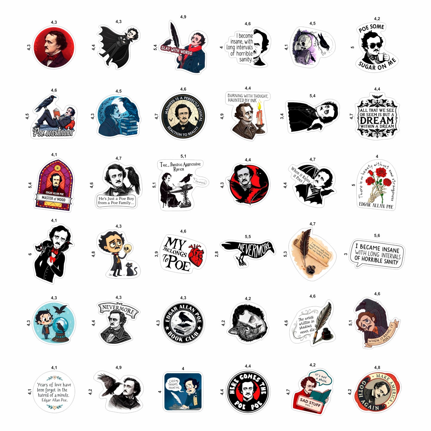 BulbaCraft 100Pcs Edgar Allan Poe Stickers for Water Bottle & Laptop