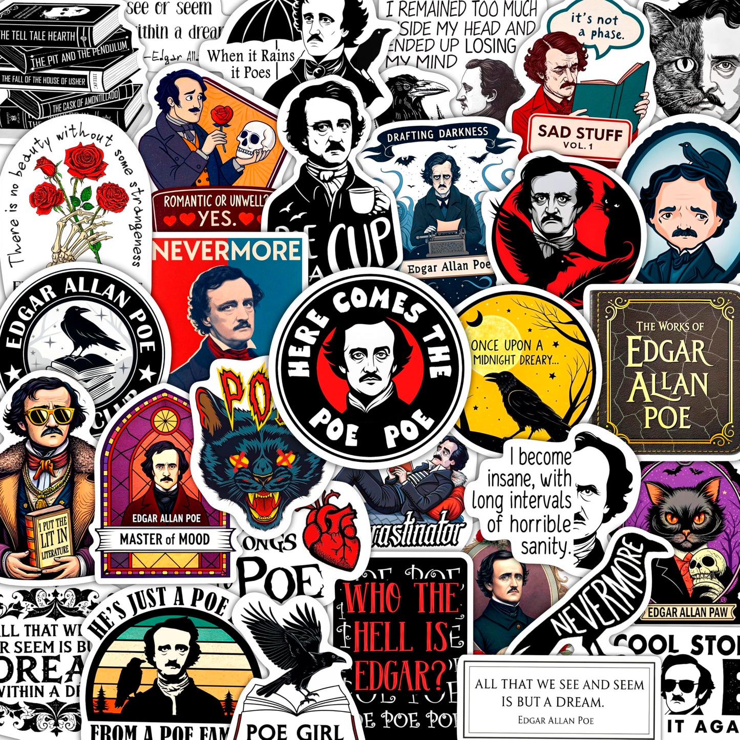 BulbaCraft 100Pcs Edgar Allan Poe Stickers for Water Bottle & Laptop