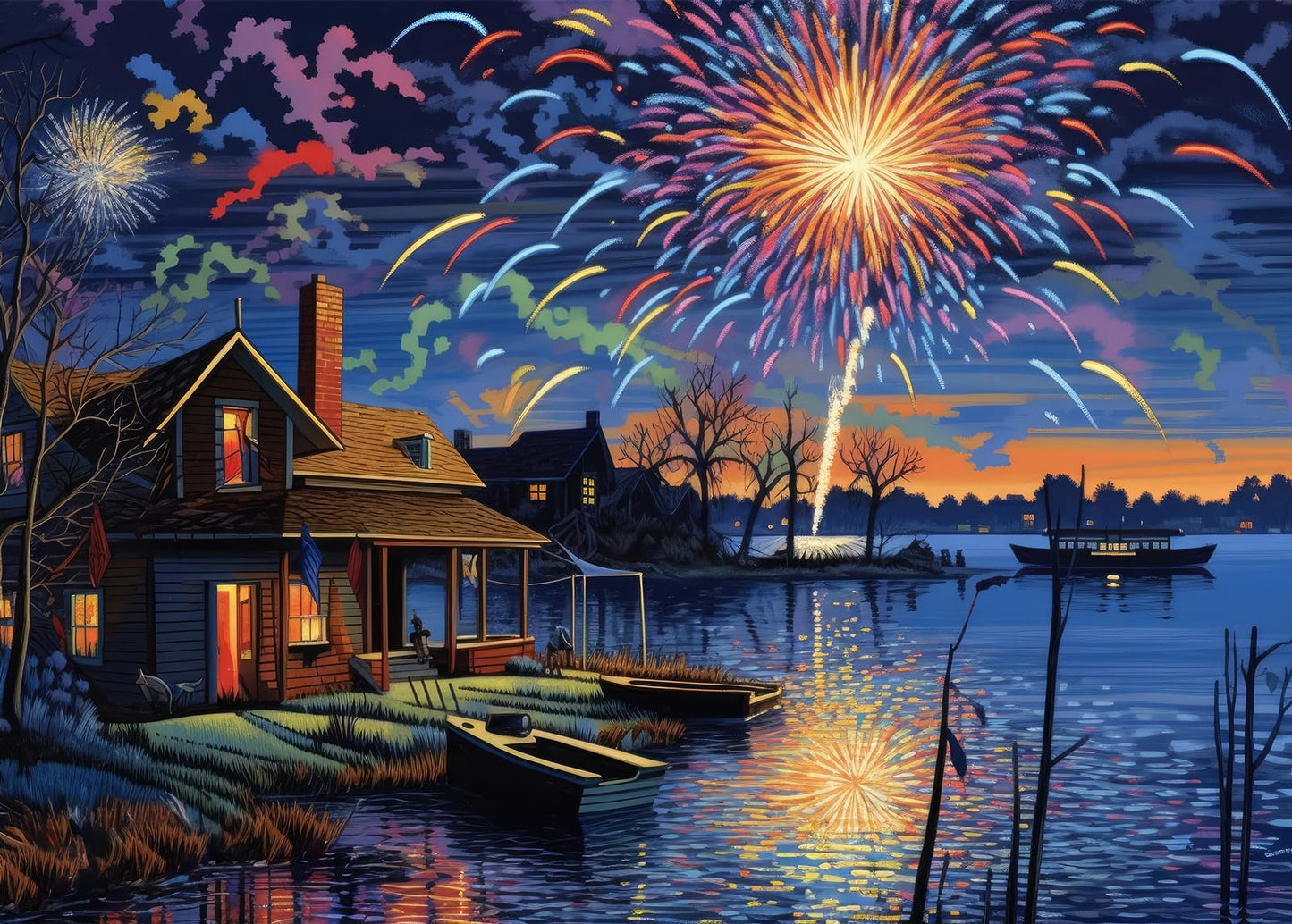 Bullglesup 1000-Piece Jigsaw Puzzle – Fireworks & Pond with Poster, Interlock, Back Lettering, No Dust