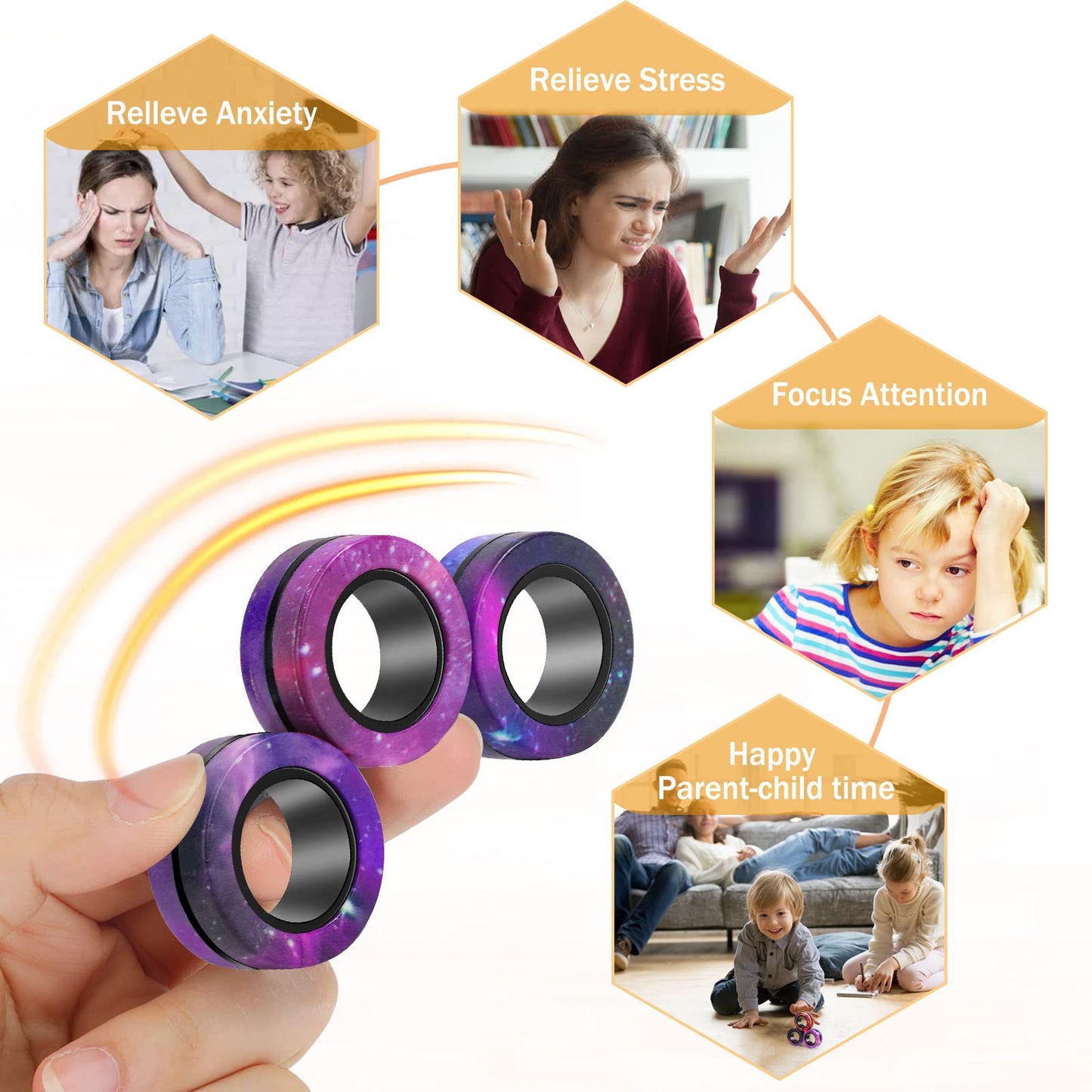 BULUWANS 3pc Starry Sky Magnetic Rings – Fidget Toy Set for Focus & Stress Relief