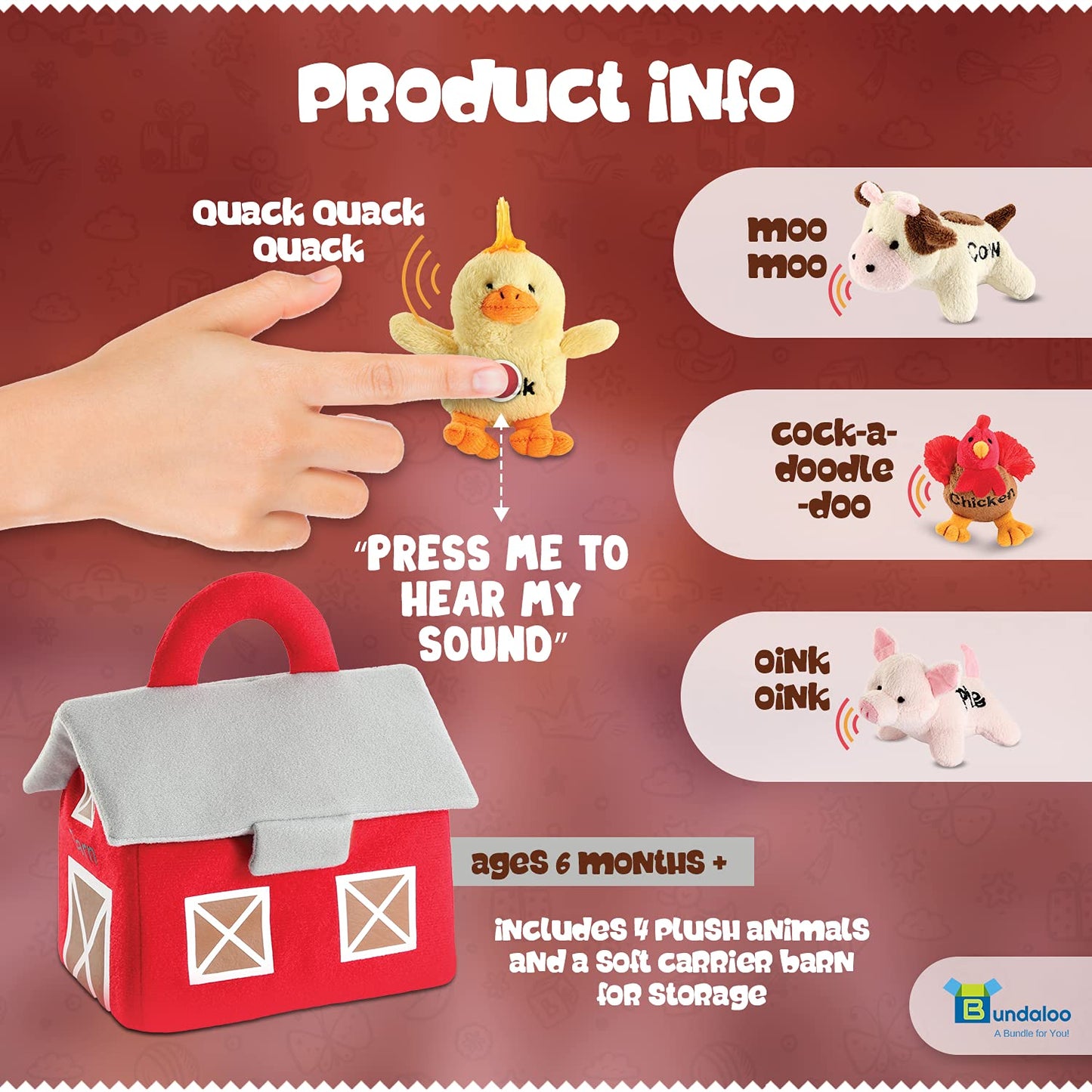 Bundaloo Plush Farm Animals with Realistic Sounds – Plushie Play Set & Barn Carrier
