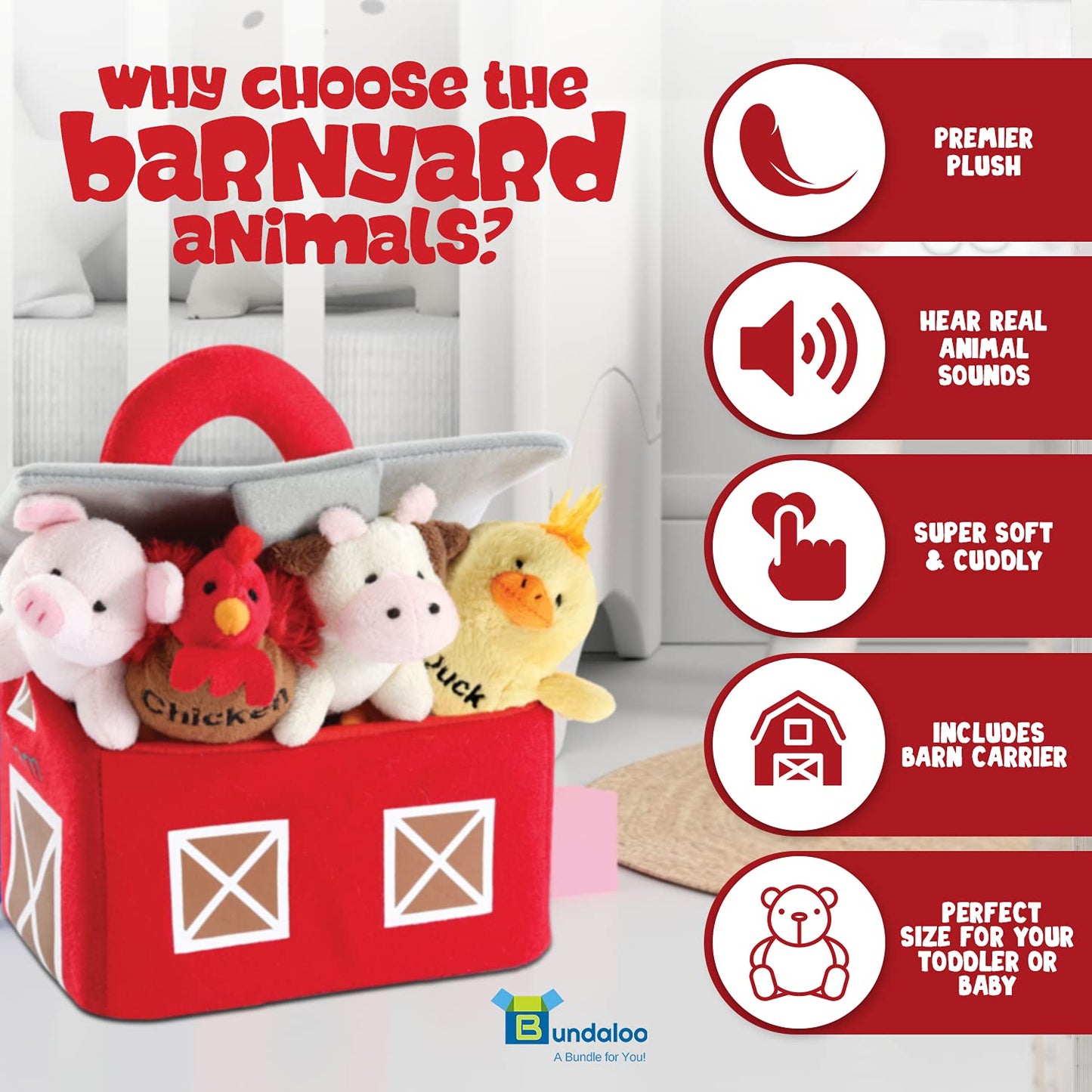 Bundaloo Plush Farm Animals with Realistic Sounds – Plushie Play Set & Barn Carrier