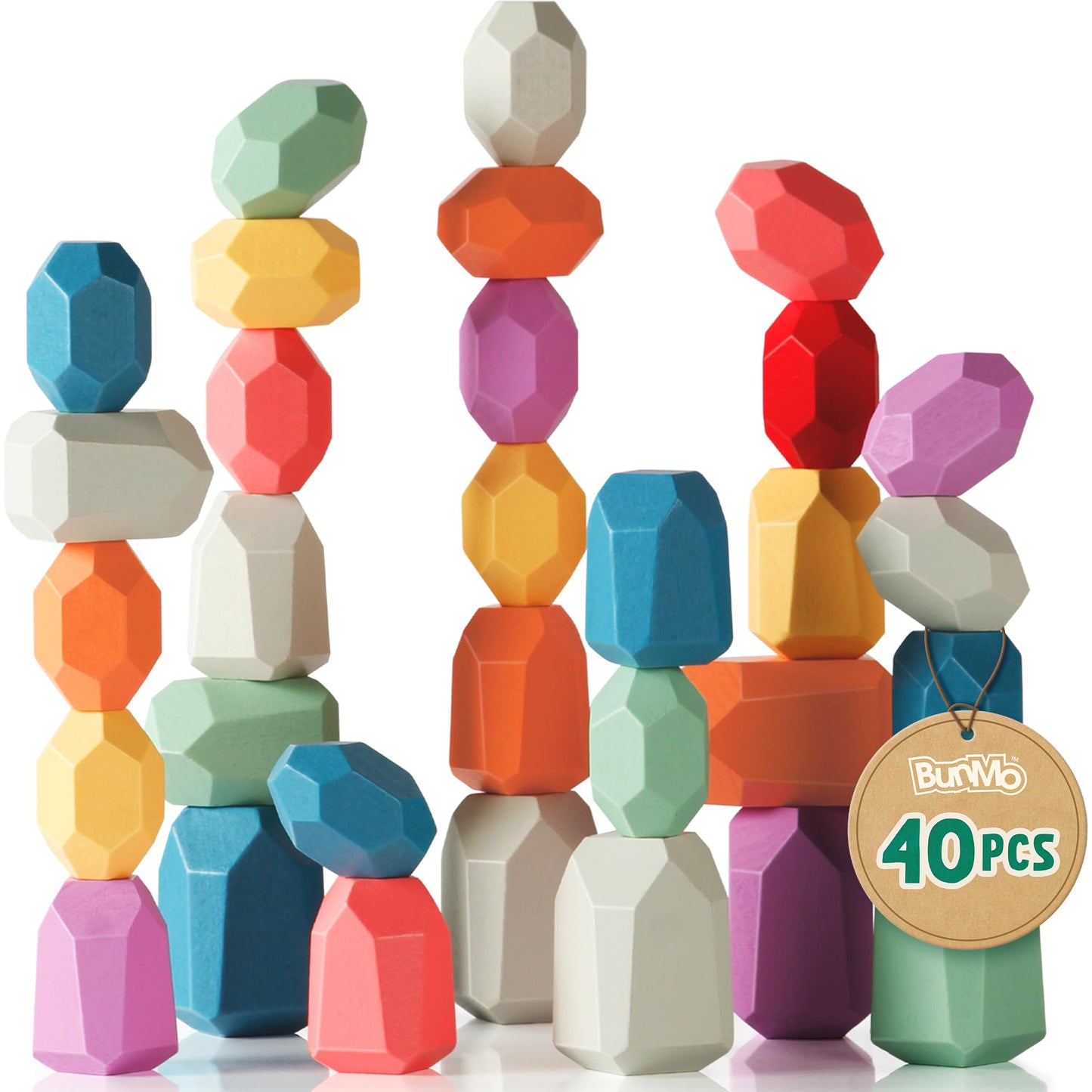 BUNMO 40pcs Wooden Stacking Toys | Montessori Blocks for Toddlers