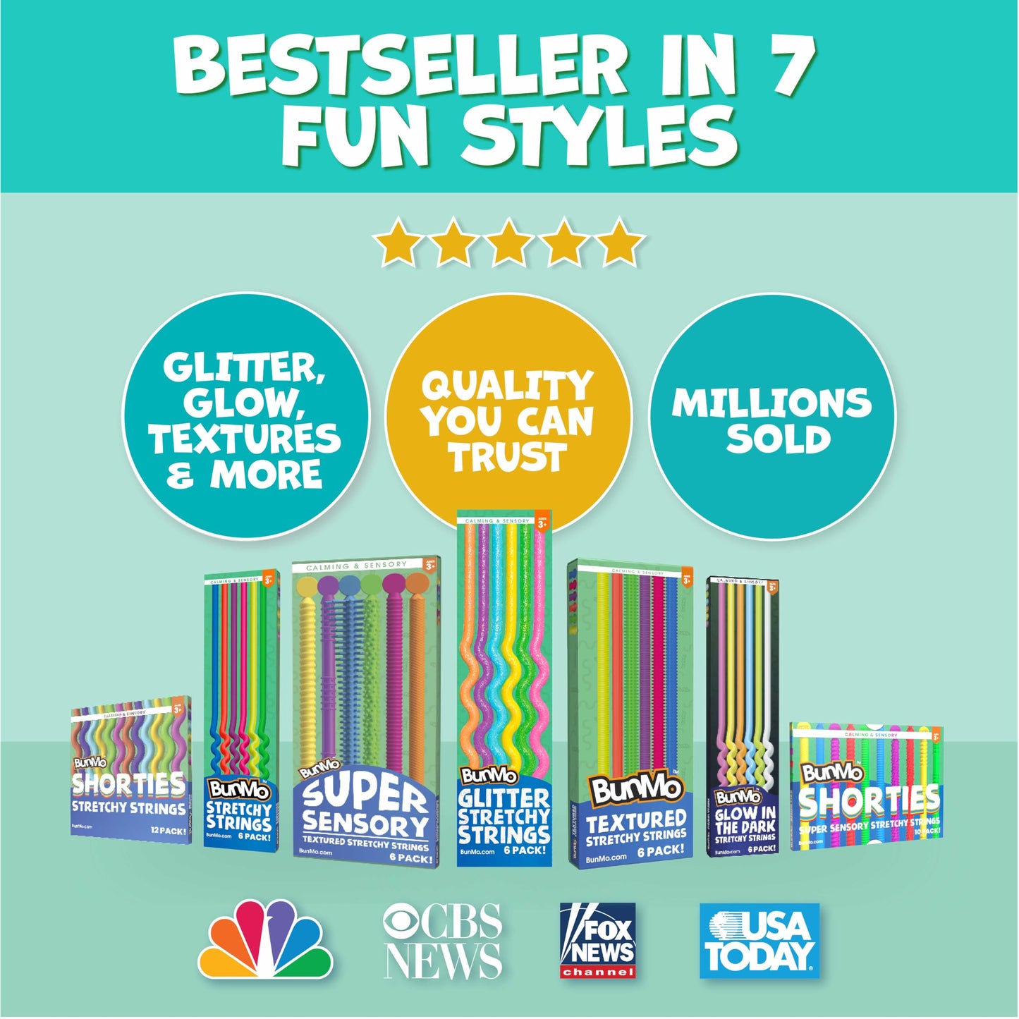 BUNMO Glitter Stretchy Strings 6 Pack – Sensory Fidget Toys for Ages 3+