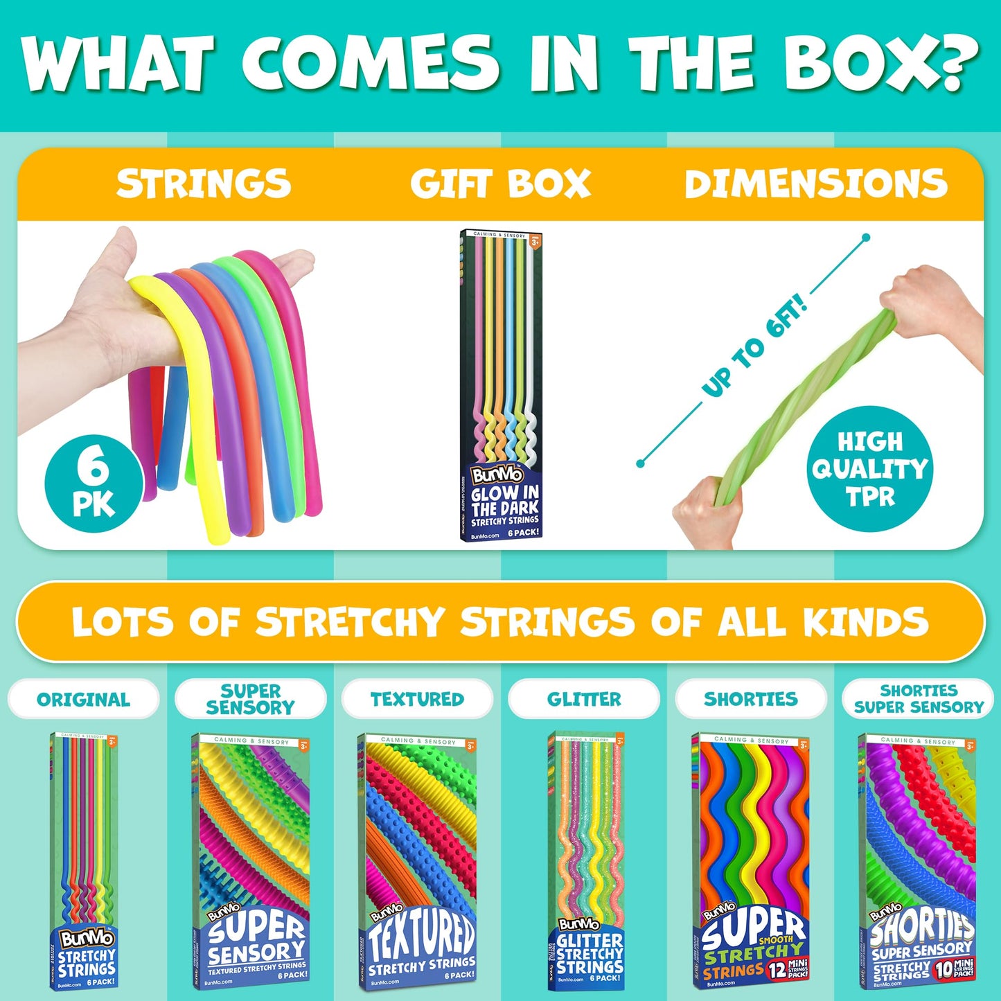 BUNMO Glow In The Dark Stretchy Strings – Sensory Toys for Toddlers 3+ (6 Pack)