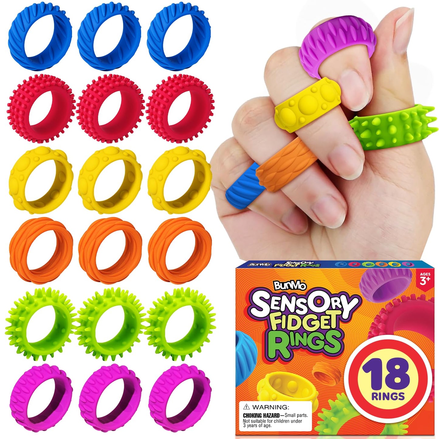 BunMo Fidget Rings – 18-Pack Silicone Textured Rings for Kids