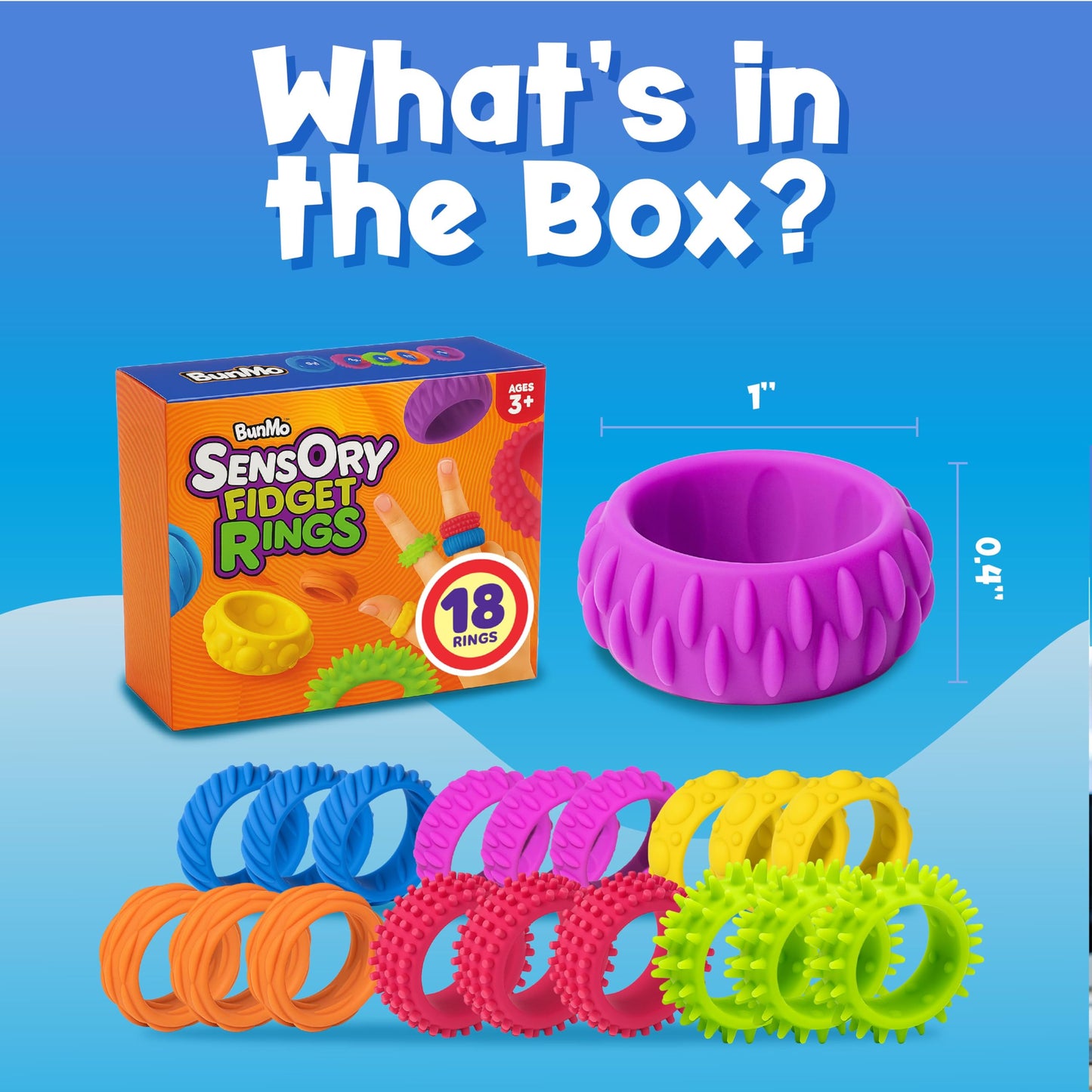 BunMo Fidget Rings – 18-Pack Silicone Textured Rings for Kids