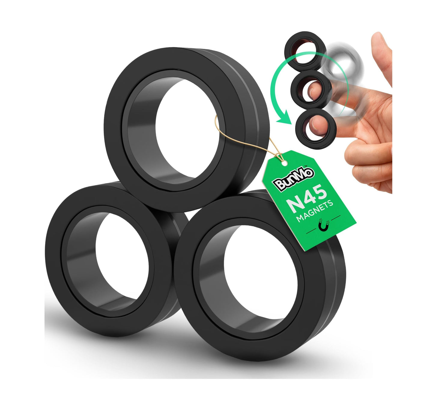 BunMo Magnetic Rings Black – 8 N45 Magnets, BPA-Free Quiet Fidget Toy for Office, School & Travel