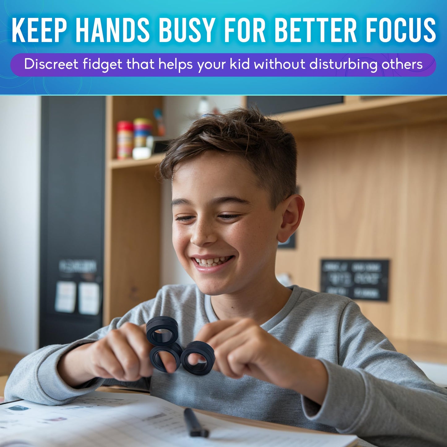 BunMo Magnetic Rings Black – 8 N45 Magnets, BPA-Free Quiet Fidget Toy for Office, School & Travel