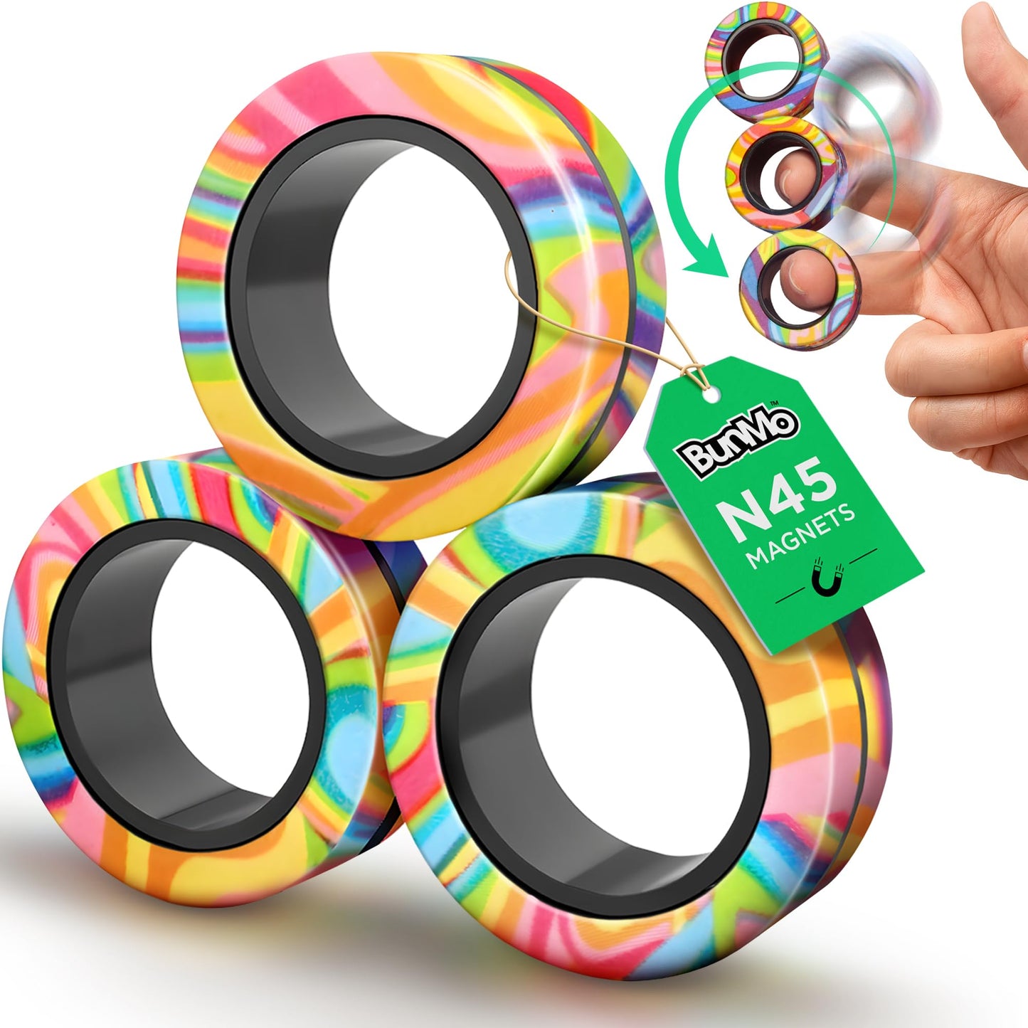 BunMo Magnetic Rings Multicolored – Quiet BPA-Free N45 Magnets Fidget Rings