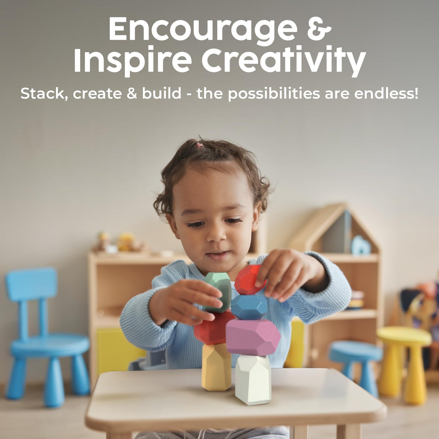 BUNMO 40pcs Wooden Stacking Toys | Montessori Blocks for Toddlers