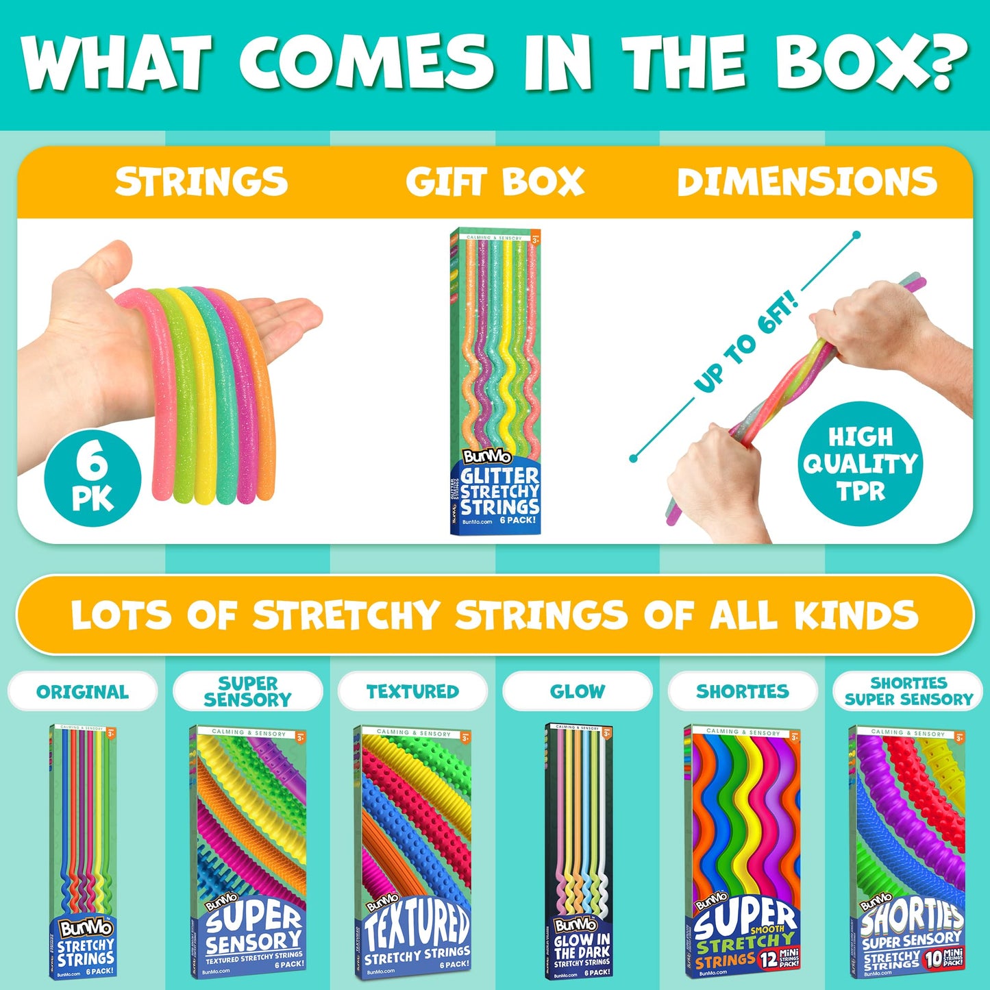 BUNMO Glitter Stretchy Strings 6 Pack – Sensory Fidget Toys for Ages 3+