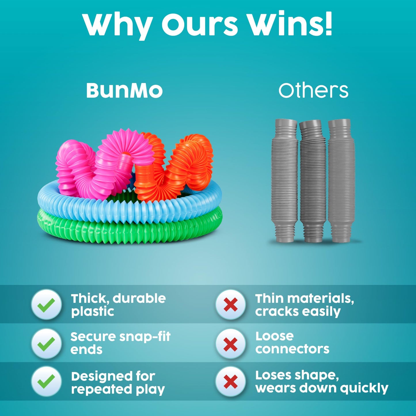 BUNMO Pop Tubes - Large 4-Pack Sensory & Fidget Toys for Creative Learning
