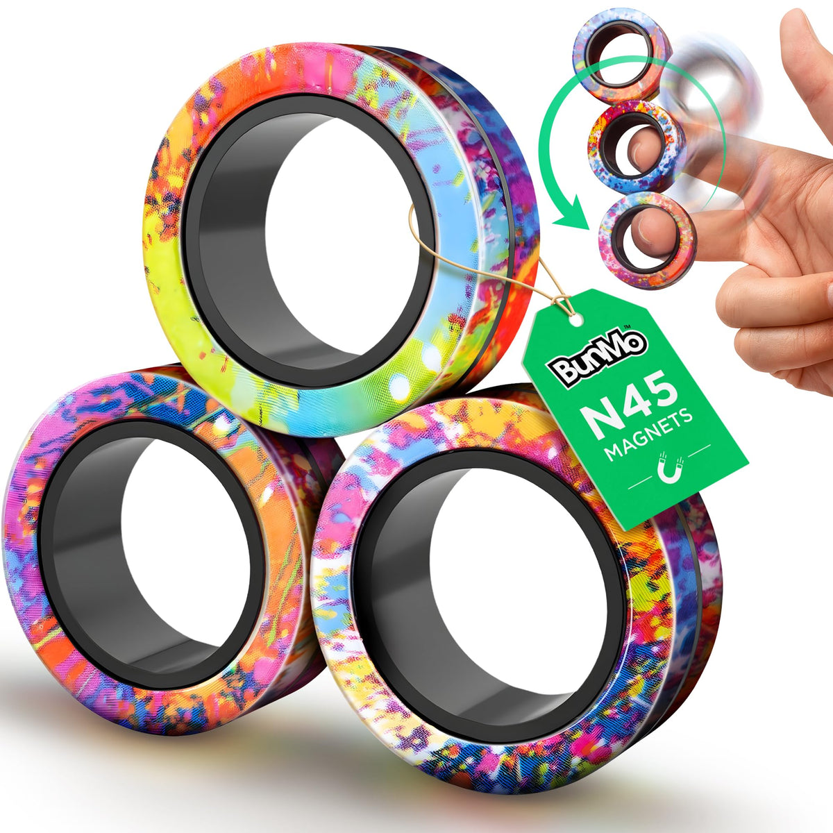 BUNMO Magnetic Fidget Rings Rainbow 3-Pack - Spin, Connect & Play