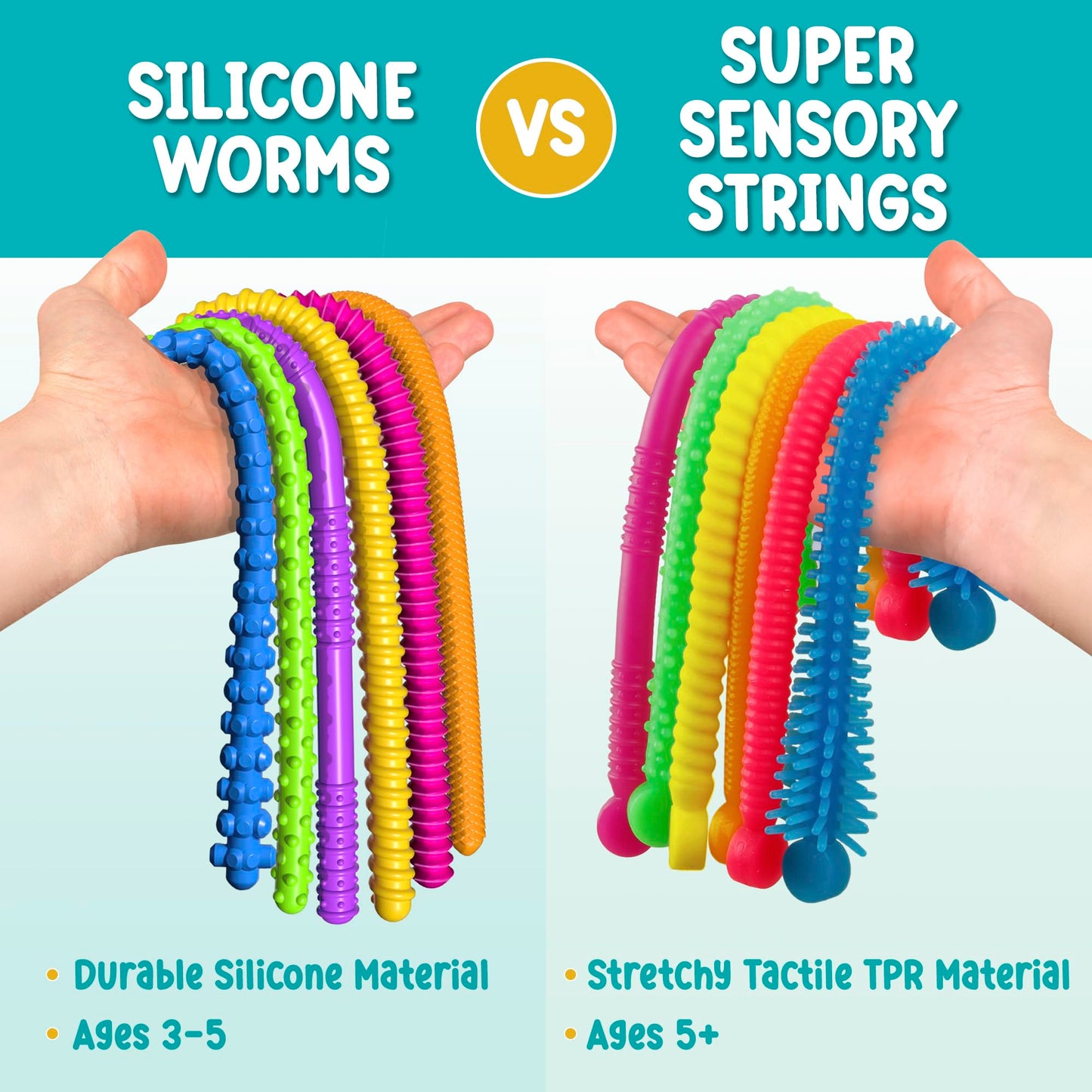 BunMo Silicone Stretchy Strings Sensory Toy – 6 Pack Fidget Worms for Kids | Textured, Bright Sensory Noodles