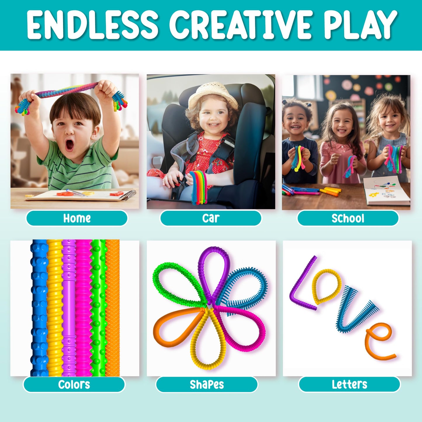 BunMo Silicone Stretchy Strings Sensory Toy – 6 Pack Fidget Worms for Kids | Textured, Bright Sensory Noodles