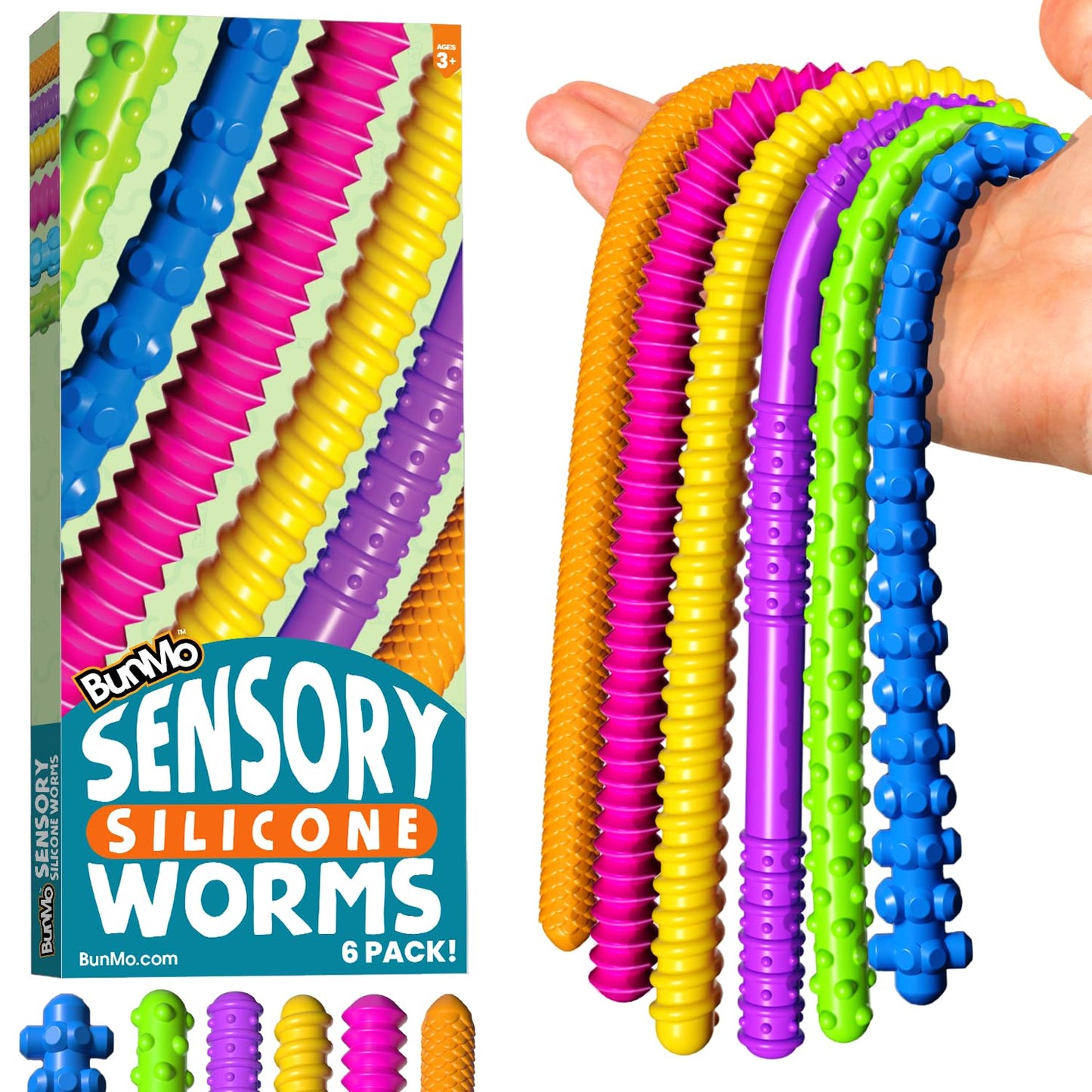BunMo Silicone Stretchy Strings Sensory Toy – 6 Pack Fidget Worms for Kids | Textured, Bright Sensory Noodles