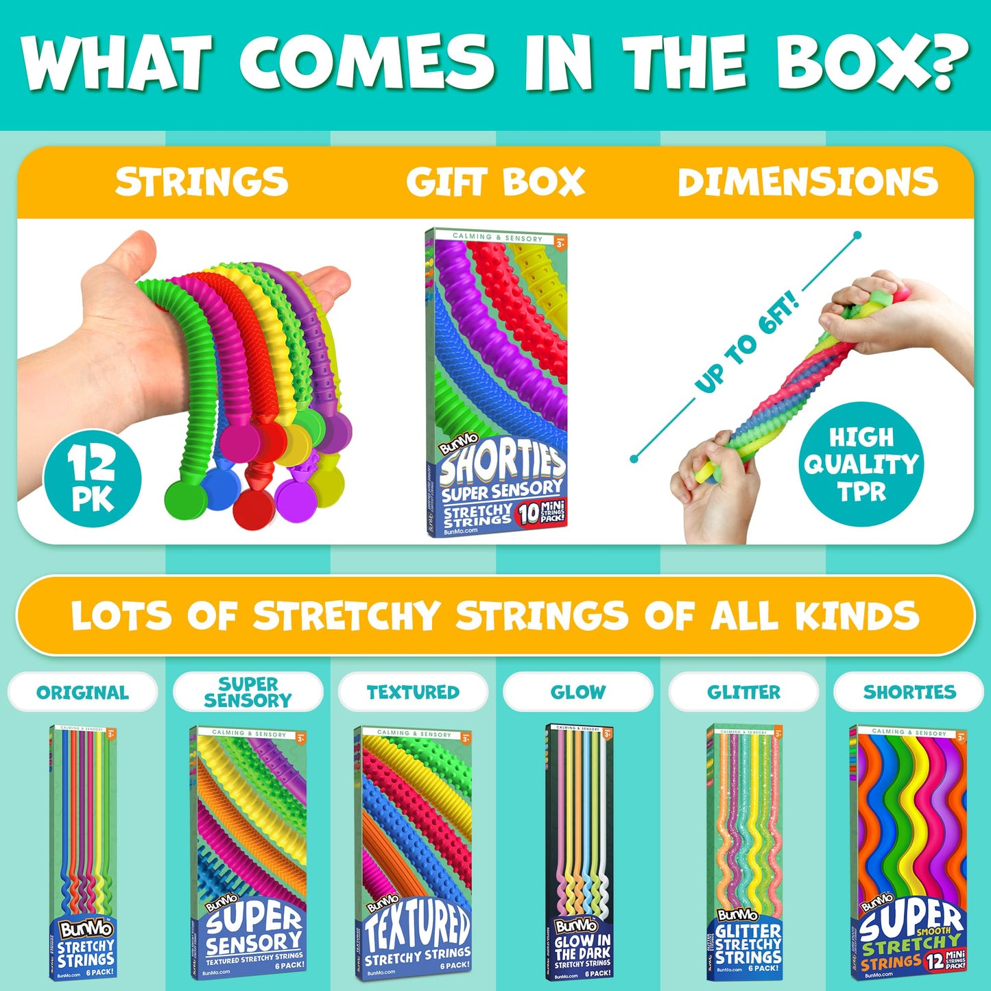 BUNMO Stretchy Strings – Sensory Fidget Toys (10 Pack) for Kids, Non-Mouthable 3+