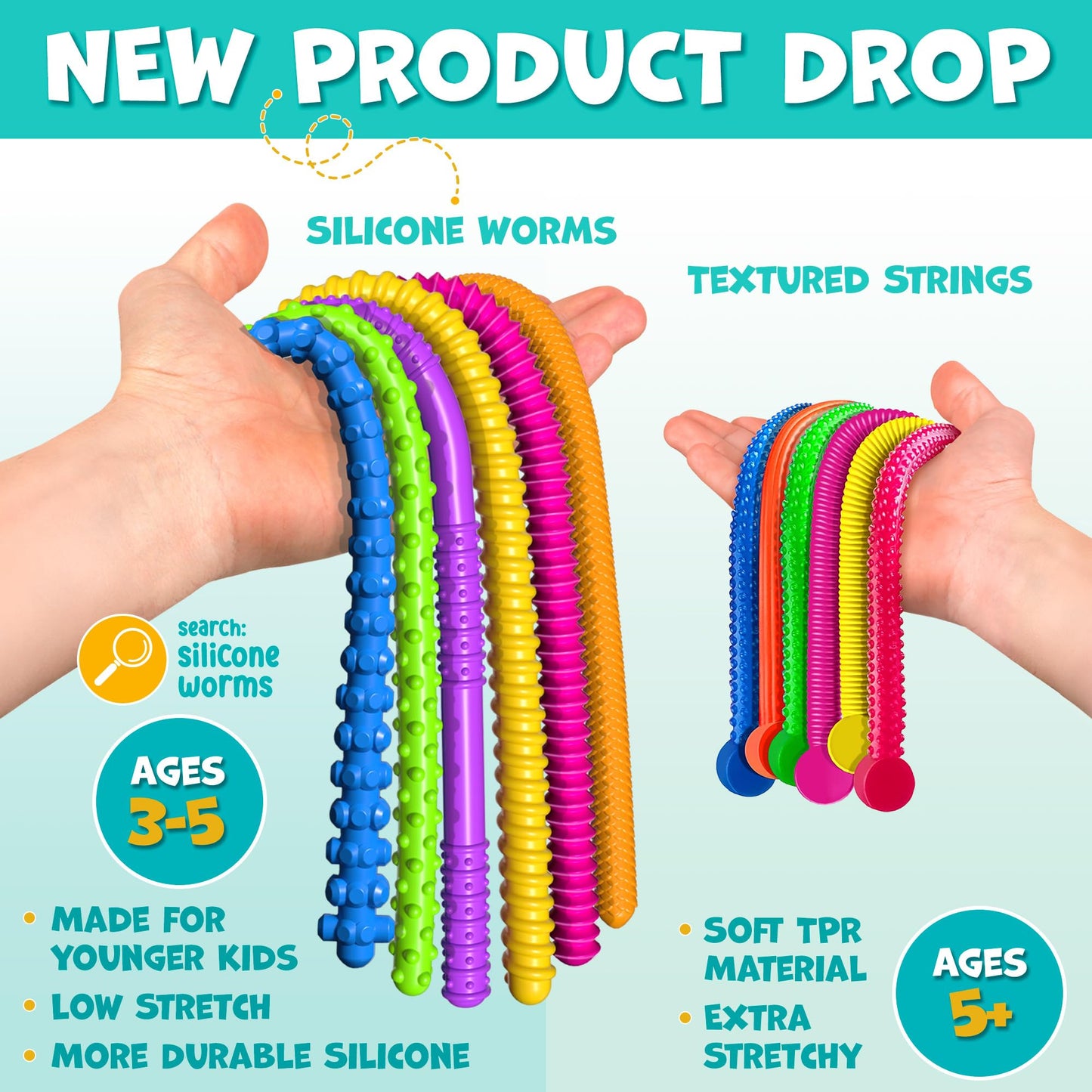 BUNMO Stretchy Strings - 6-Pack Textured Sensory Toys for Kids & Adults
