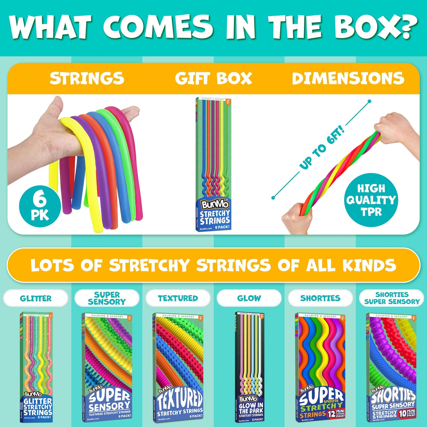 BUNMO Stretchy Strings for Toddlers 3+ | Sensory Fidget Toys, 6-Pack, Non-Mouthable