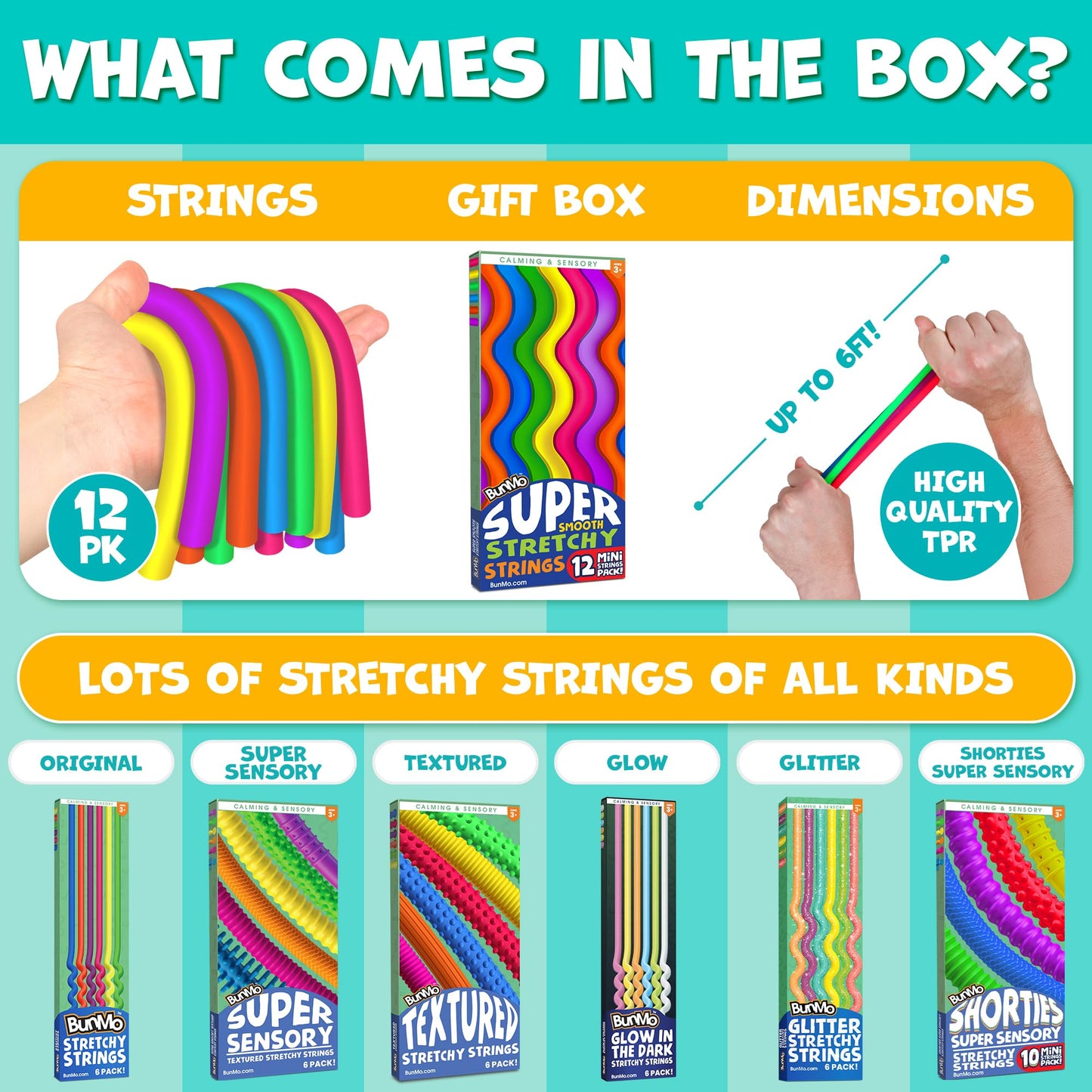 BUNMO Stretchy Strings — Sensory Fidget Toys for Toddlers 3+ | 12-Pack