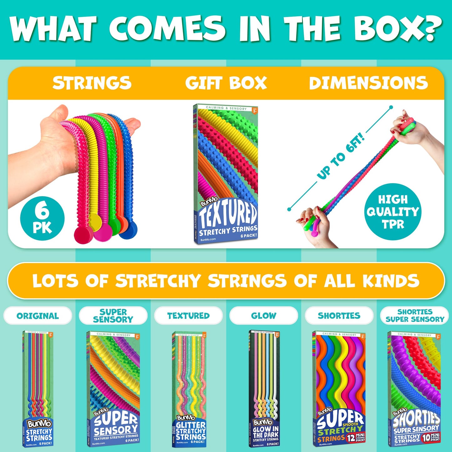 BUNMO Stretchy Strings - 6-Pack Textured Sensory Toys for Kids & Adults